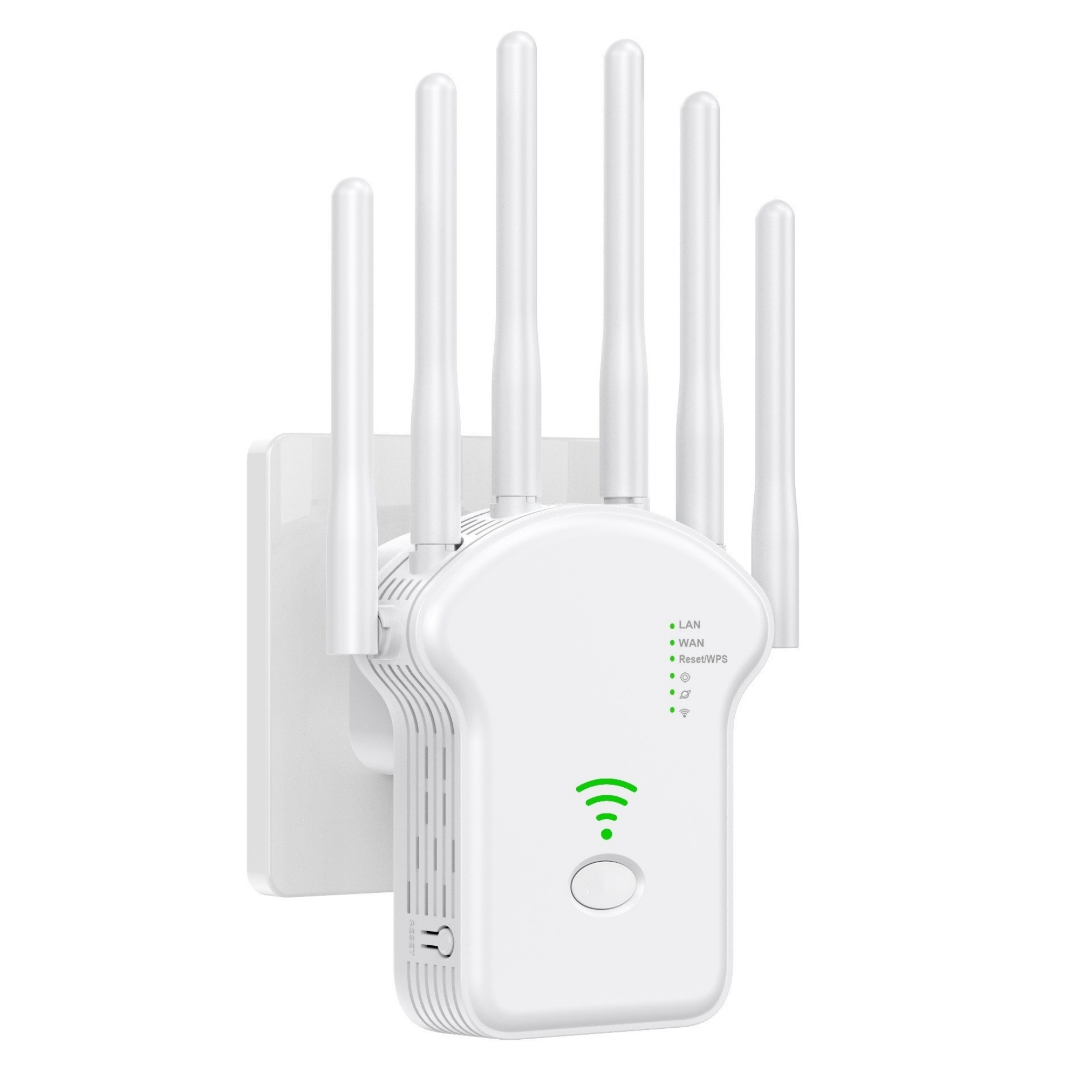 Weißer WLAN-Extender mit Antennen, an einer Wand montiert. Inklusive Kontrollleuchten.