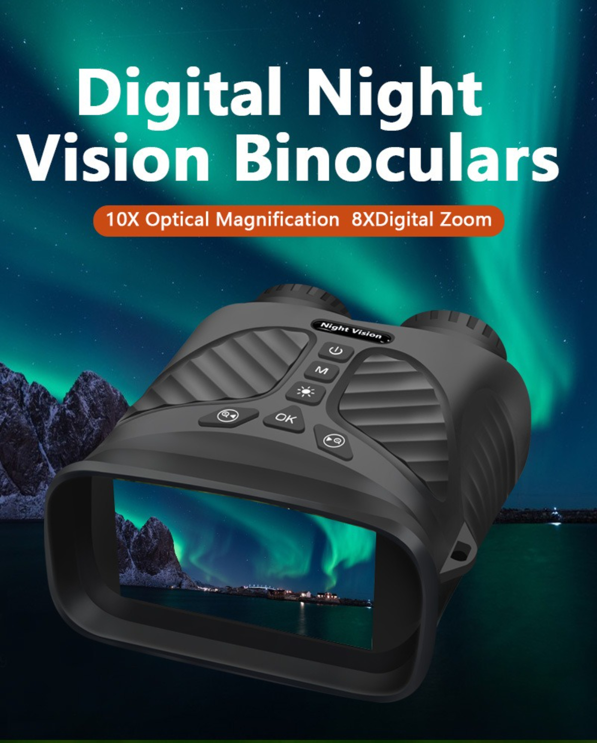 Schwarzes digitales Nachtsichtfernglas mit Blick auf ein Nordlicht.