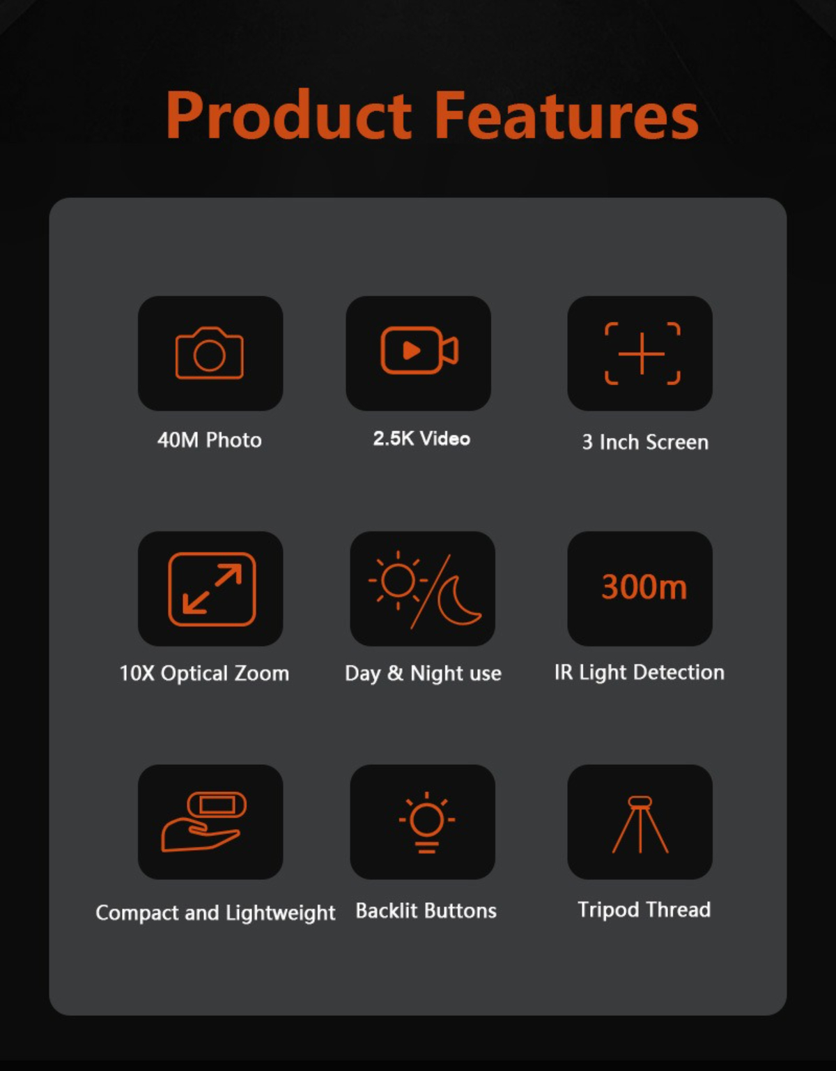 Neun Symbole mit Produktmerkmalen. Dazu gehören Foto, Video, Bildschirmgröße, Zoom, Tag- und Nachtnutzung, Tasten und mehr.