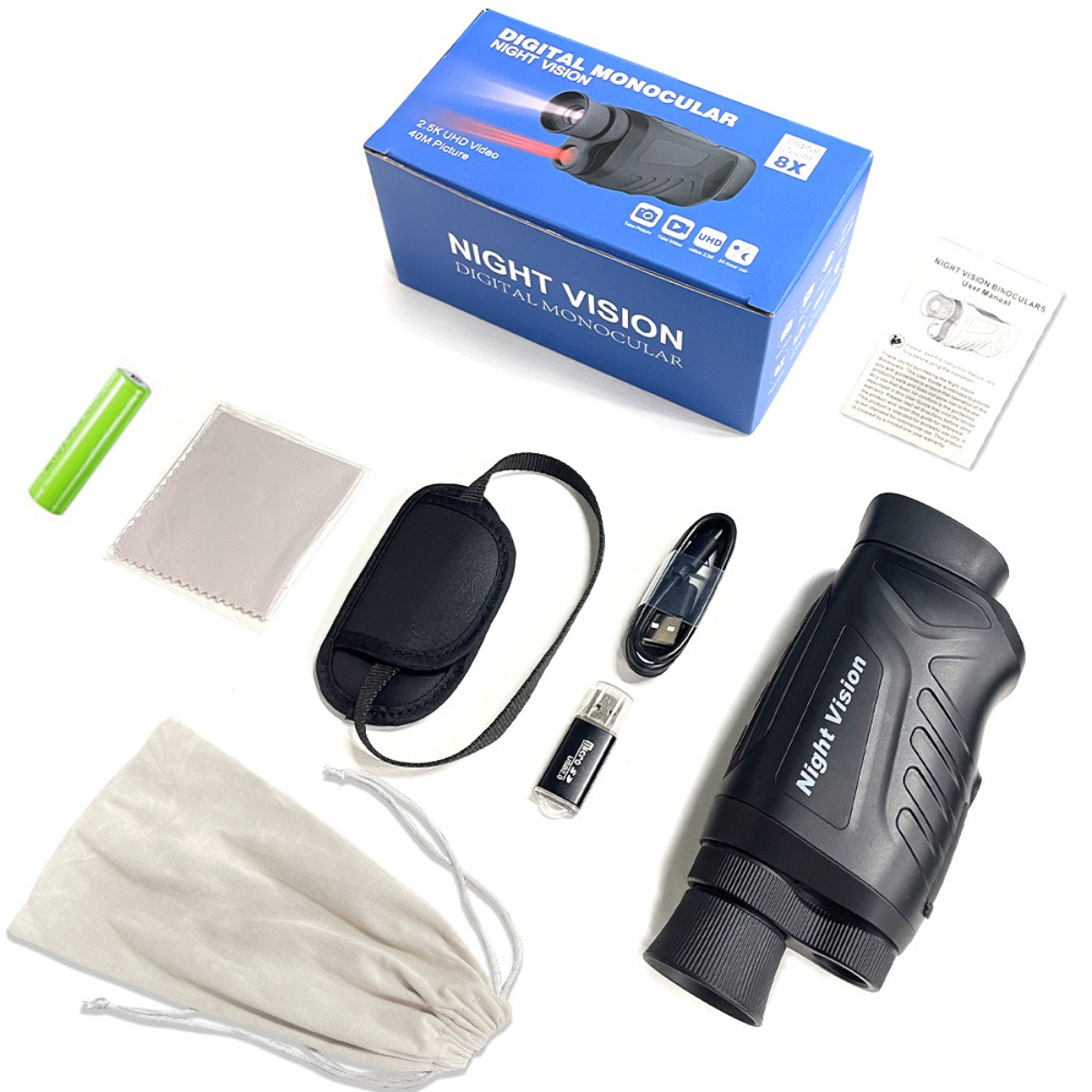 Nachtsicht-Digital-Monokular-Kit. Enthält Monokular, Zubehör und eine Box. Weißer Hintergrund.