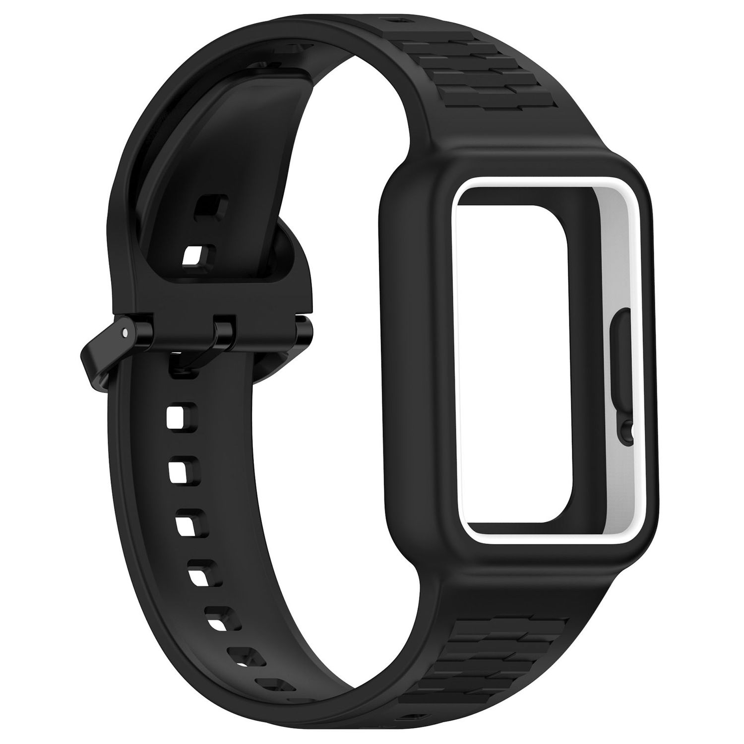 Schwarzes Smartwatch-Armband mit weißem Innenrahmen, isoliert auf weißem Hintergrund.
