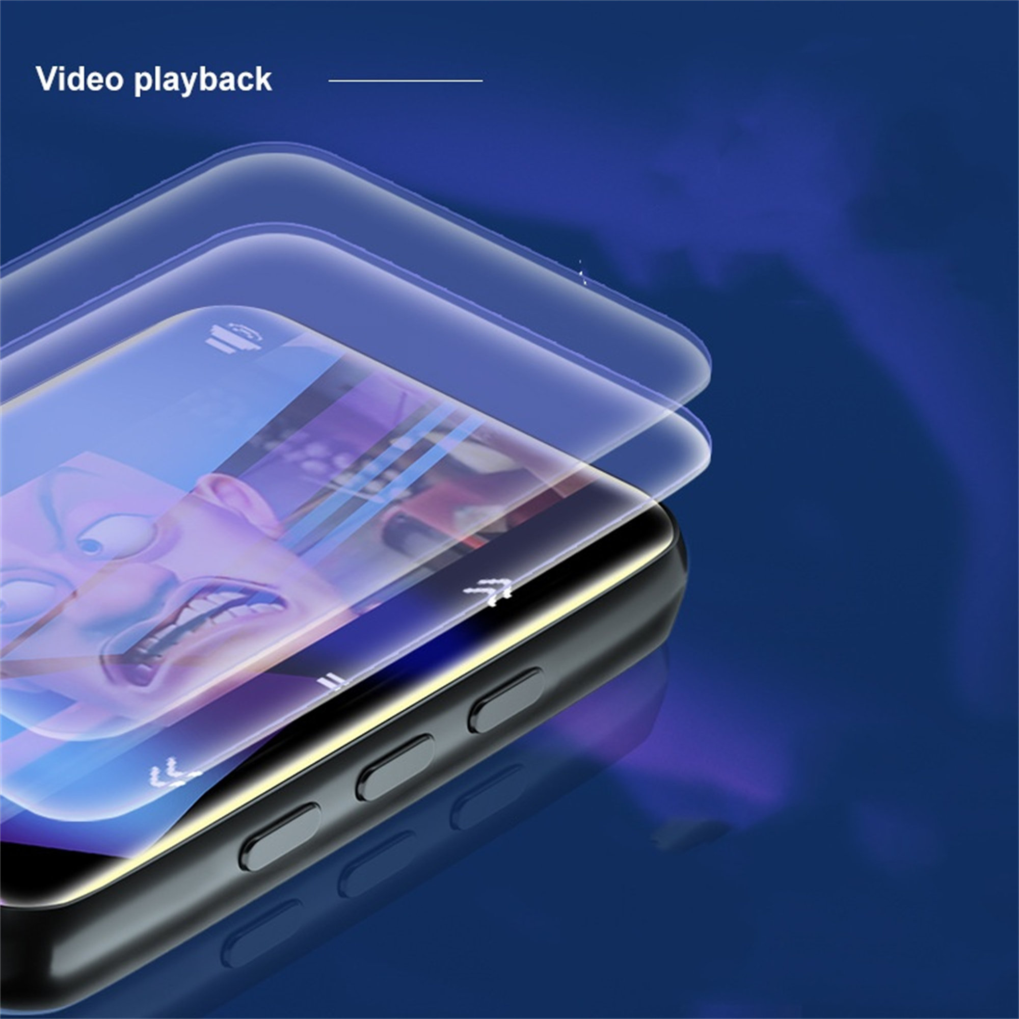 Telefon spielt Video mit Gesicht. Glasschichten überlagern sich.