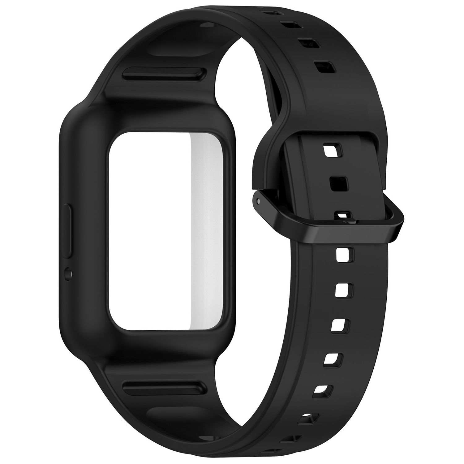 Schwarzes Uhrenarmband mit Uhrengehäuse.
