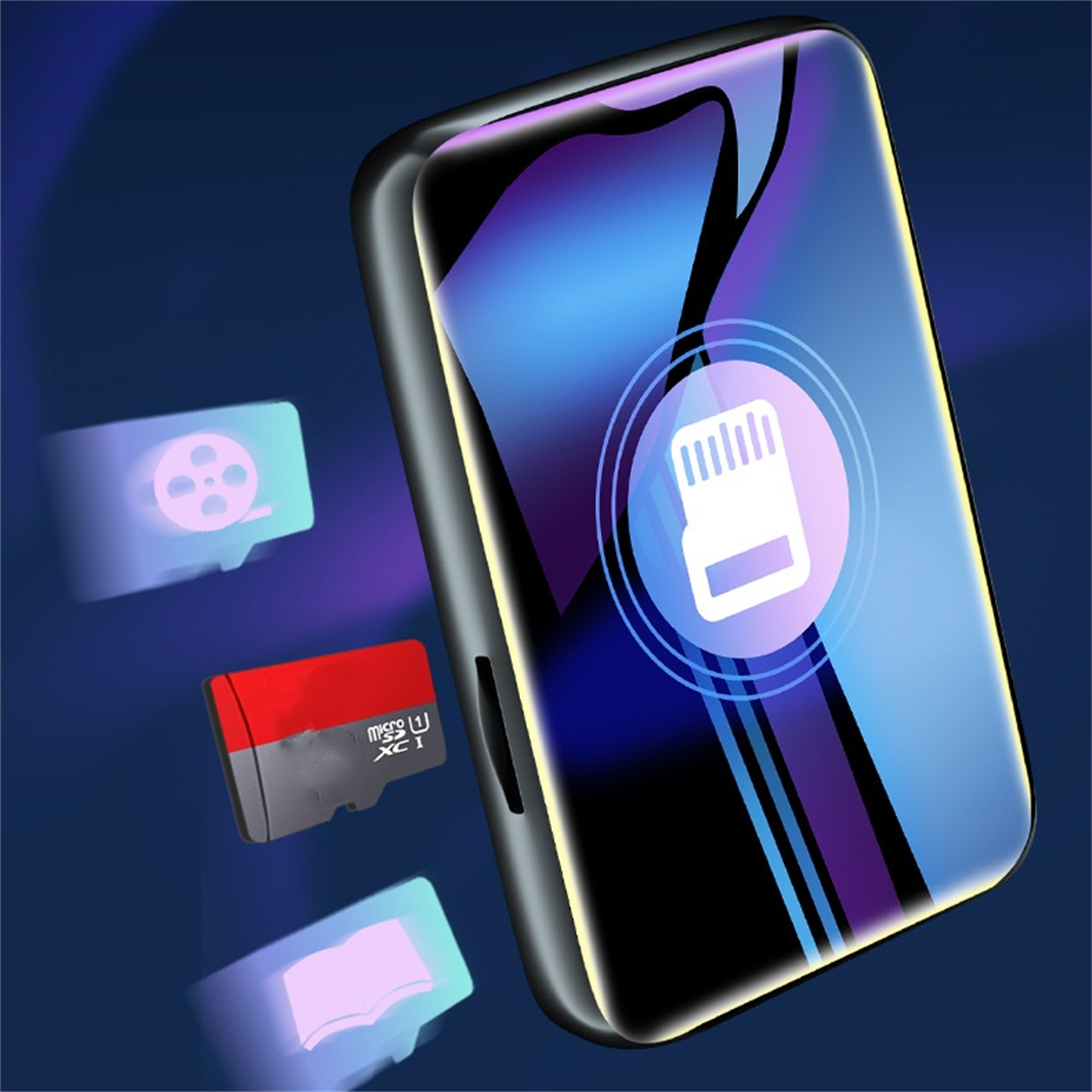 Ein schwarzes Telefon mit SD-Karte und Symbolen auf blauem Hintergrund. Eine rote SD-Karte ist vorhanden.