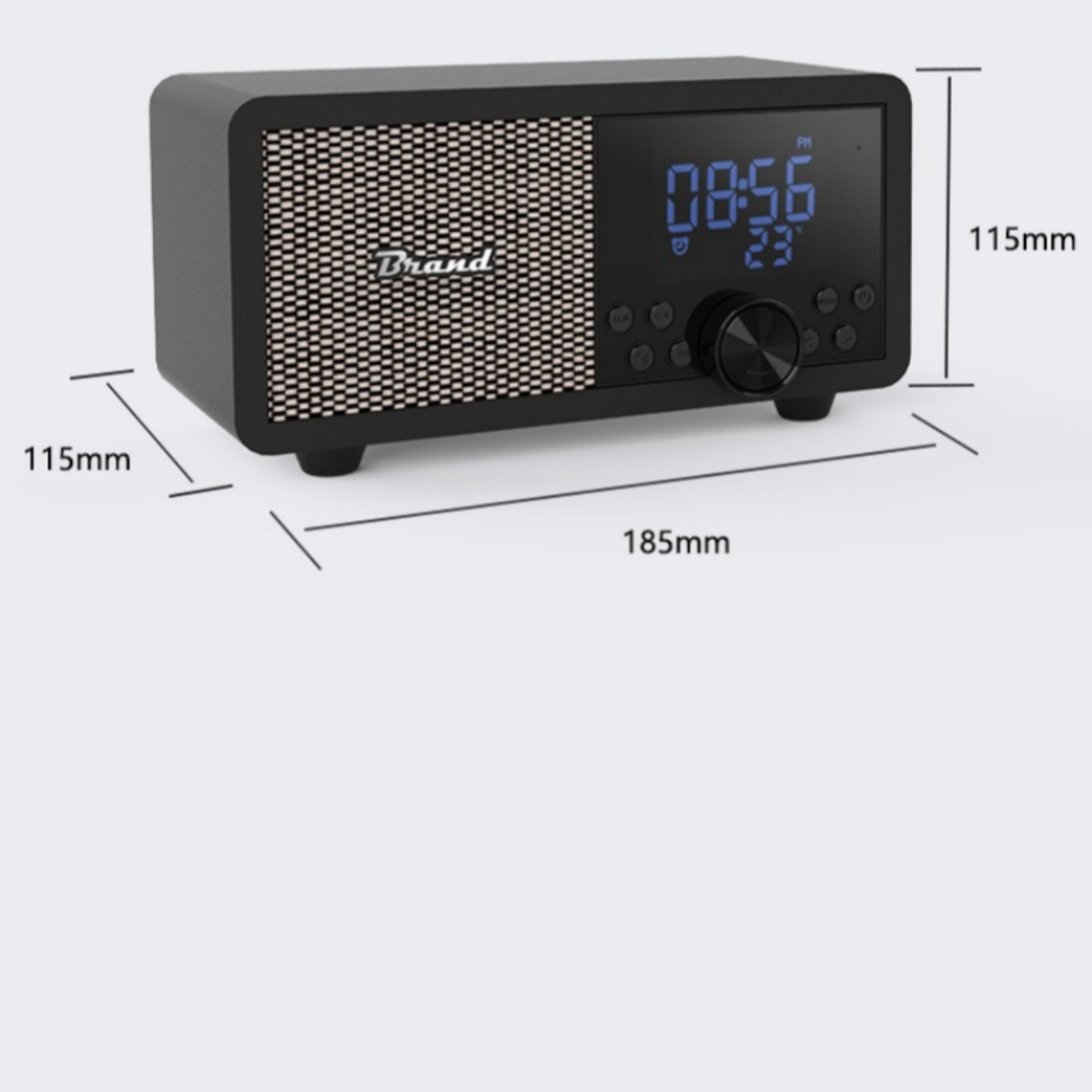 Ein schwarz-graues Radio mit digitaler Uhranzeige. Es hat Knöpfe und einen Drehregler.
