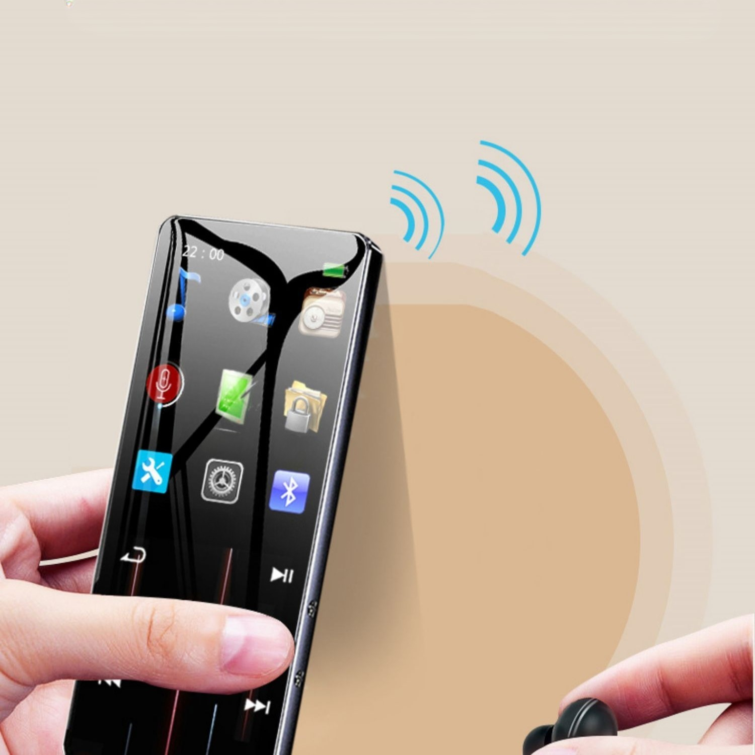 Ein schwarzer MP3-Player mit Bildschirm. Zwei blaue Bögen deuten auf drahtlose Verbindung hin.