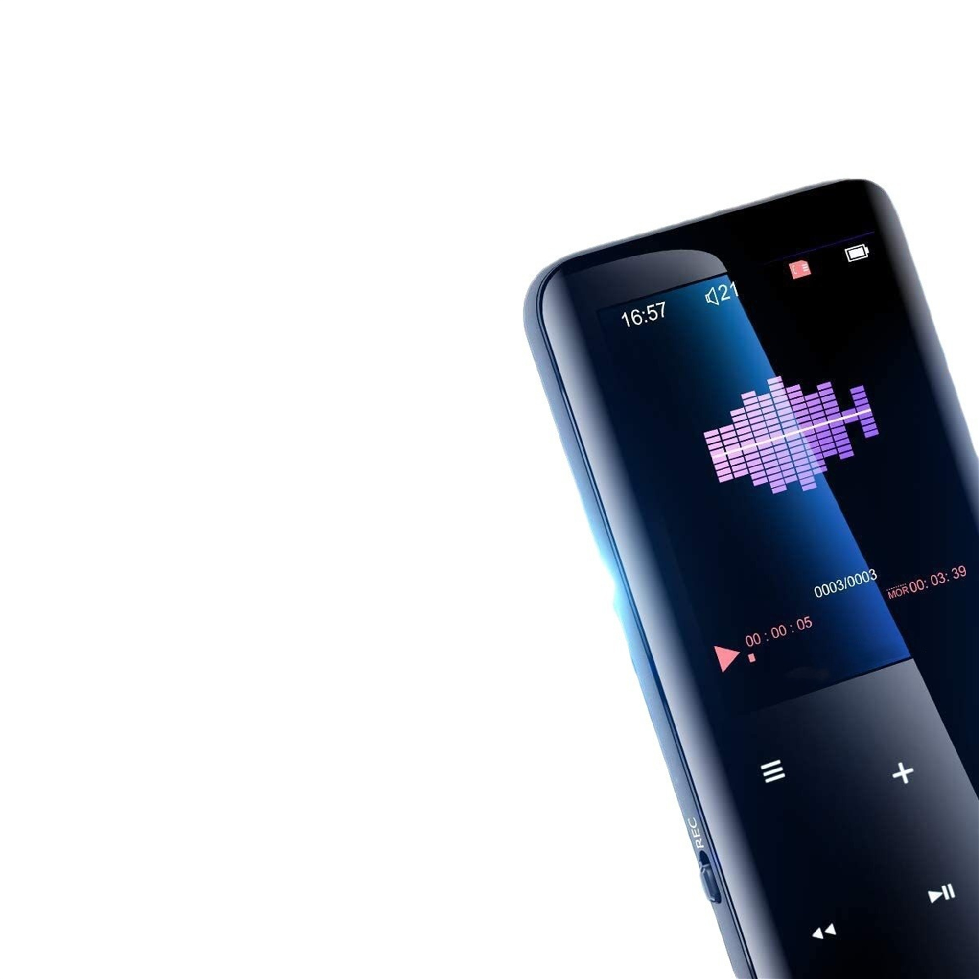 Schwarzer tragbarer Musikplayer mit Bildschirm. Weißer Hintergrund.