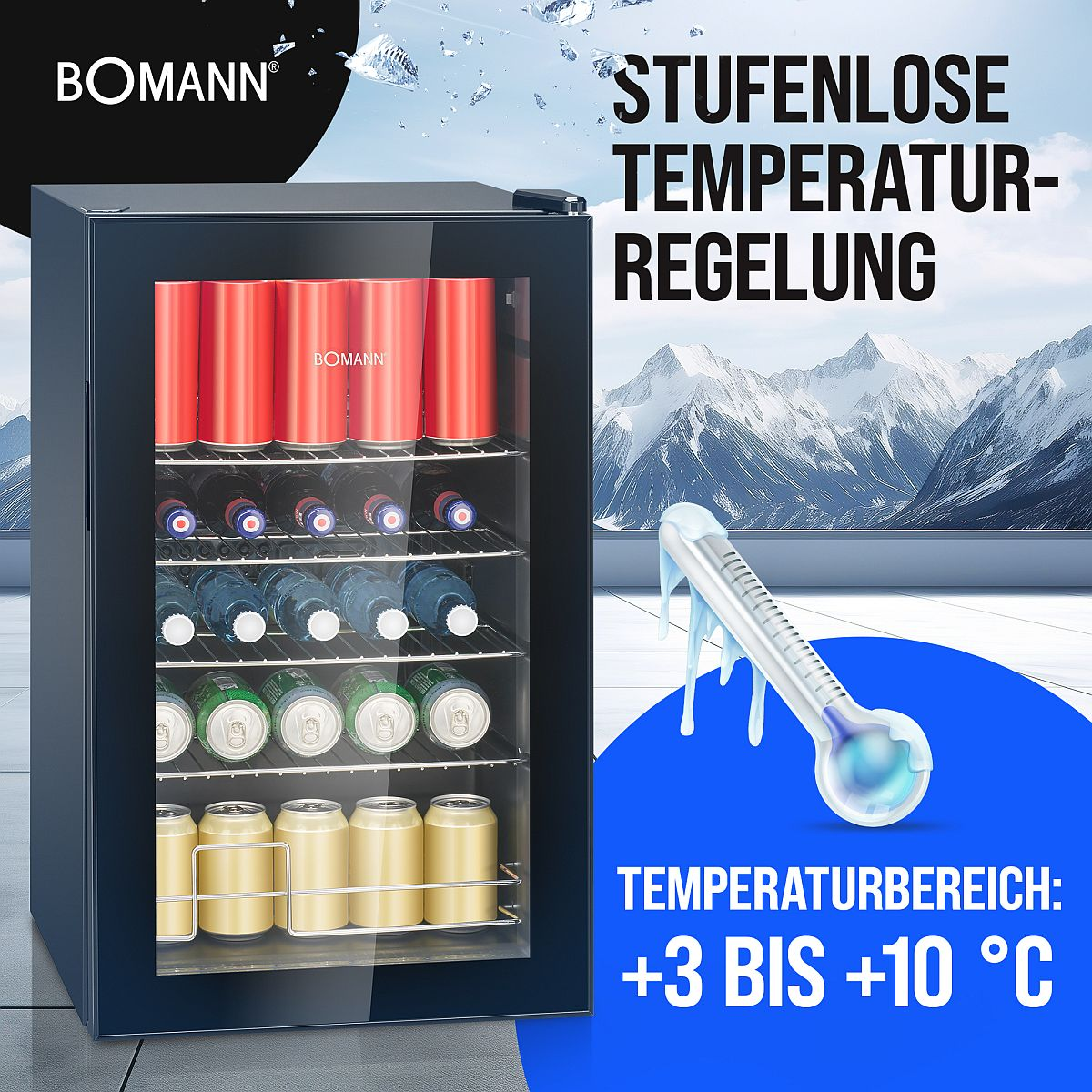 Un mini-frigo nero con bevande. Testo: controllo temperatura, intervallo +3 a +10 C. Sfondo con montagne.