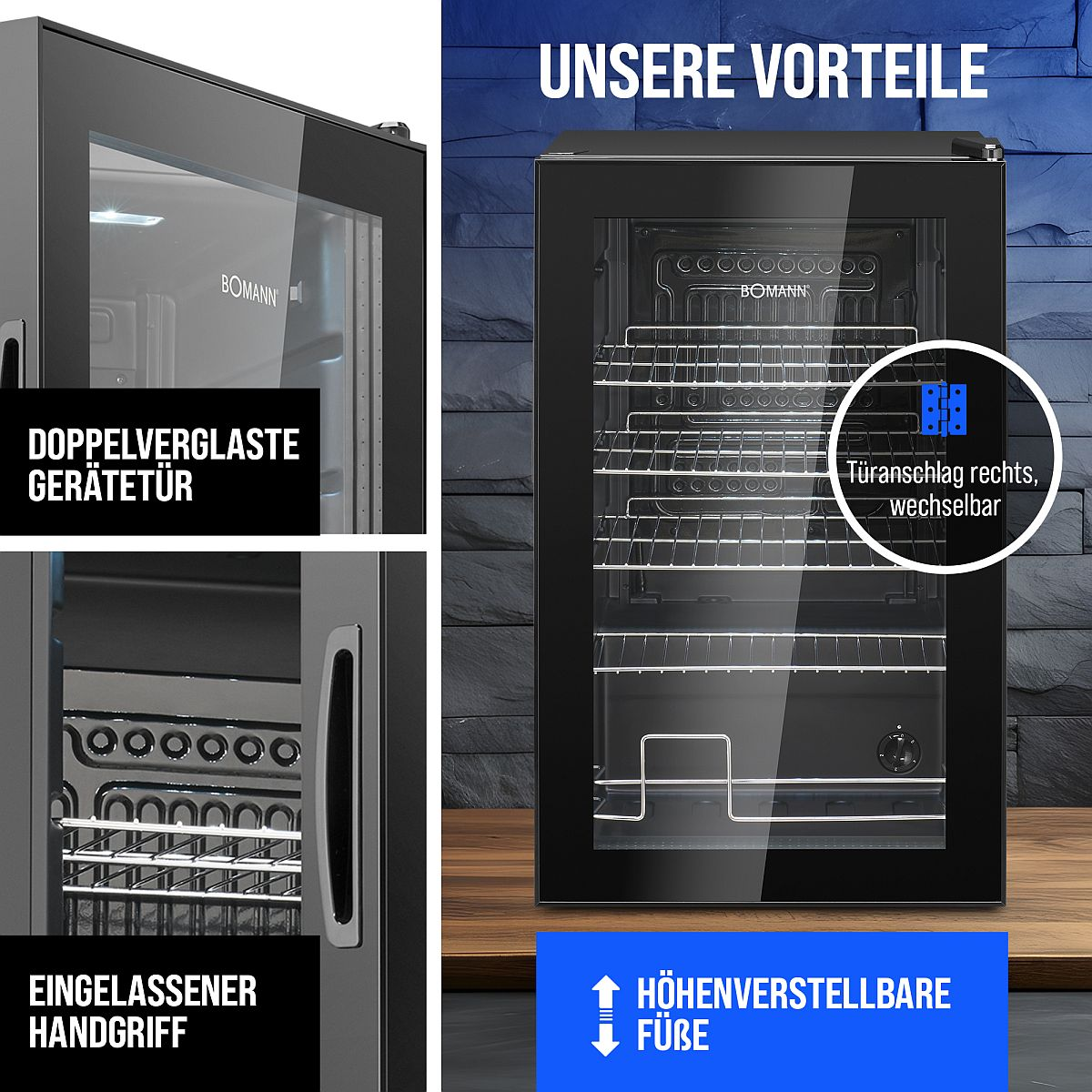 Frigorifero nero con porta a vetri e dettagli interni con testo in tedesco.
