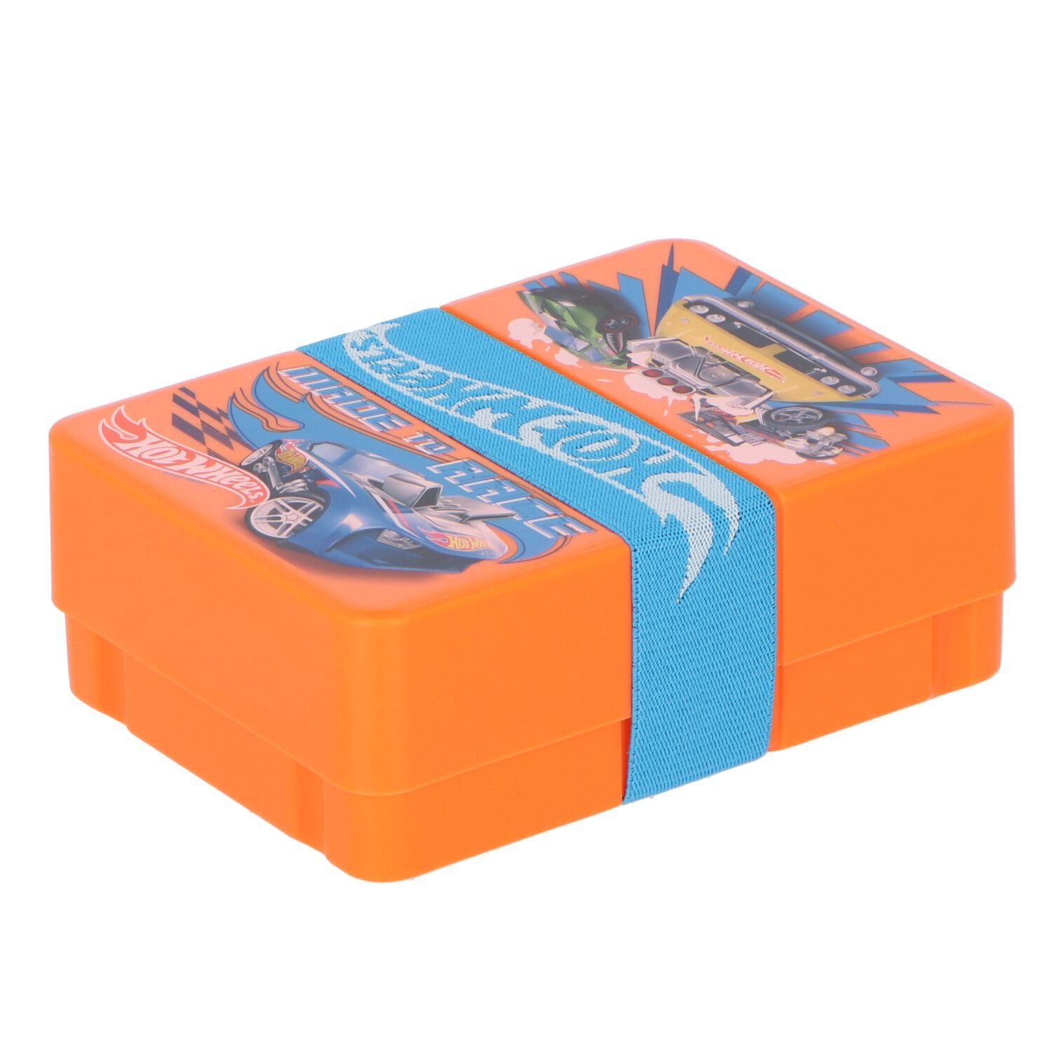 Eine orangefarbene Hot Wheels Brotdose mit blauem Band und Autografiken.