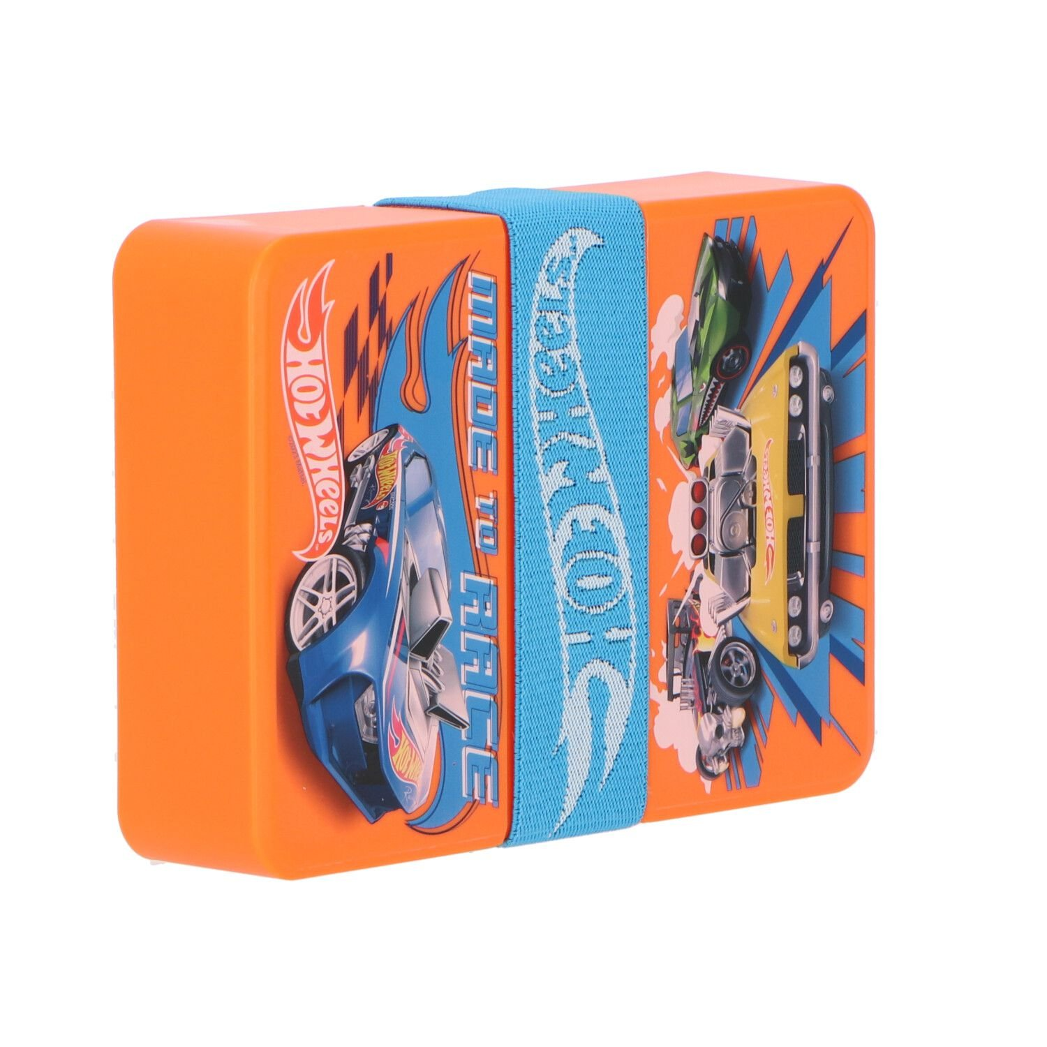 Orange Hot Wheels Spielzeugkiste mit blauem Band und Auto-Bildern.