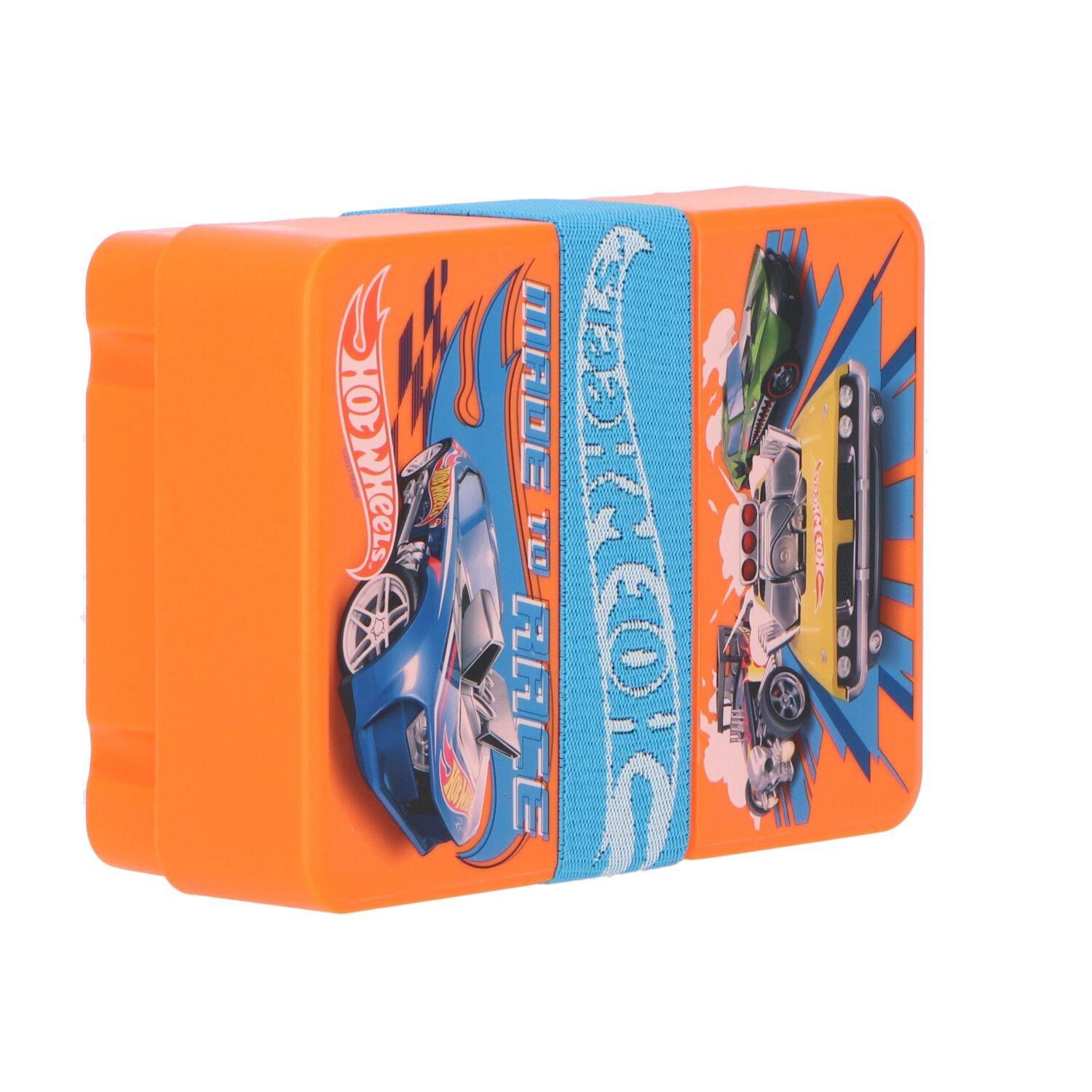 Eine orangefarbene Hot Wheels Brotdose mit blauem Band und Autografiken auf weißem Hintergrund.