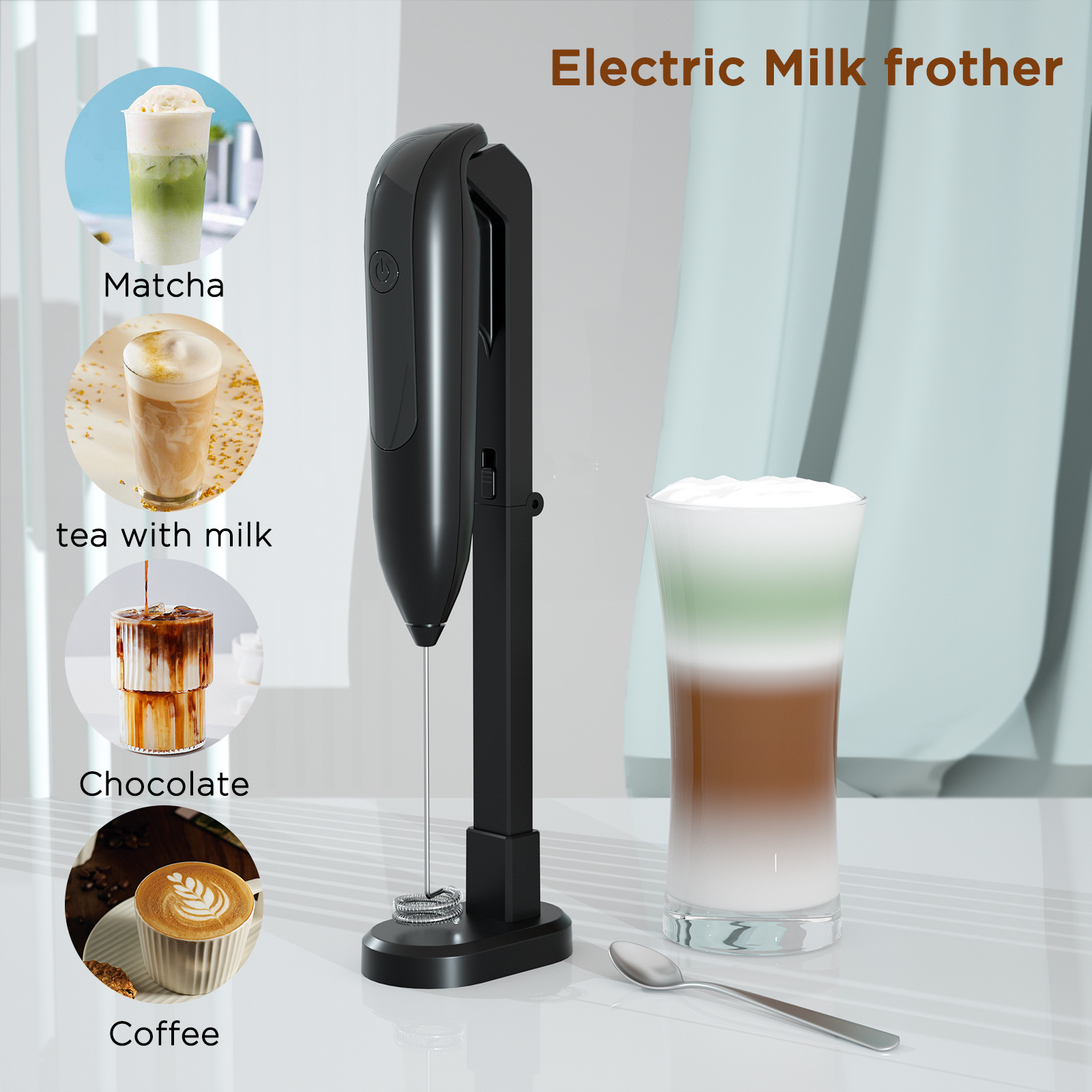 Elektrischer Milchaufschäumer mit Getränke- und Zutatenillustrationen. Enthält Matcha, Tee mit Milch, Schokolade und Kaffee.