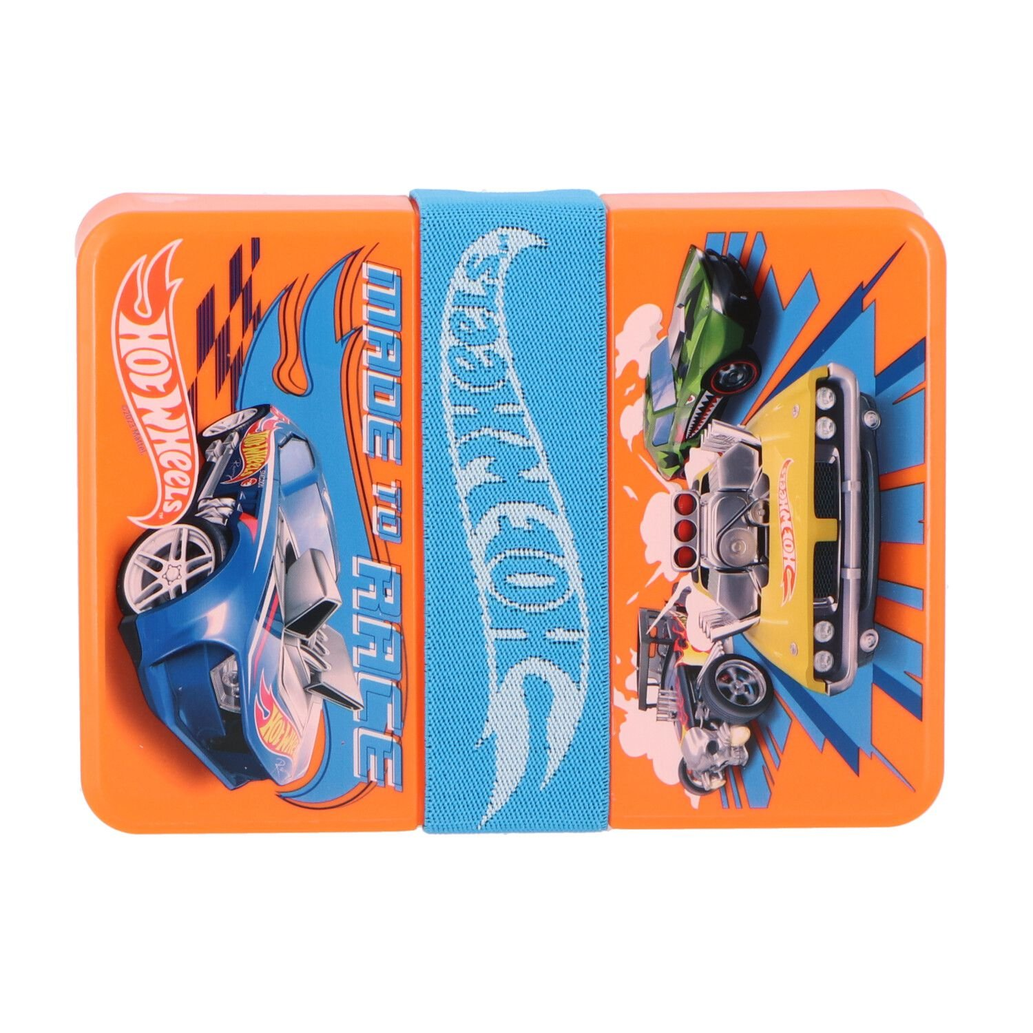 Orangefarbene Hot Wheels Brotdose mit Auto-Grafiken und blauem Gummiband.