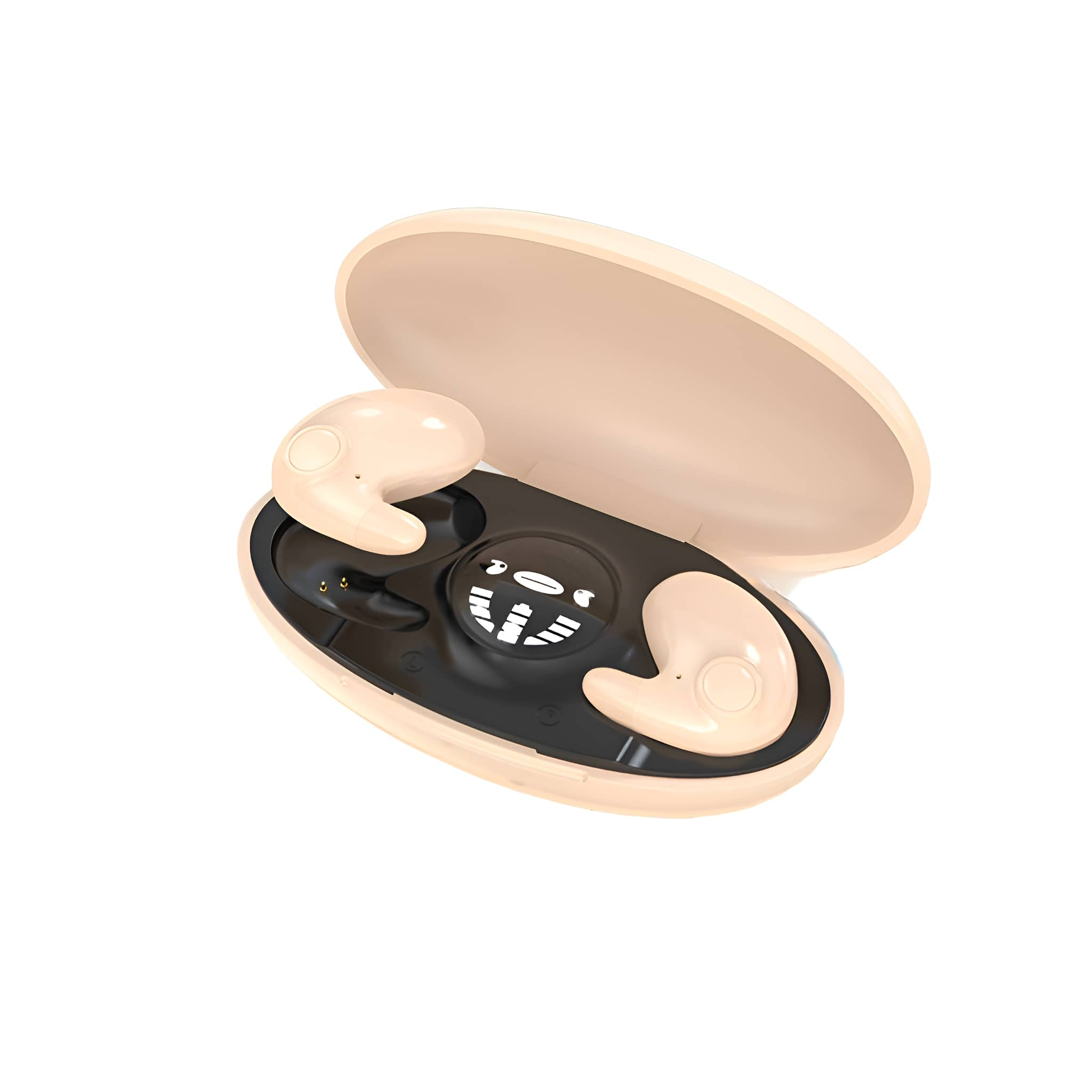 Beige kabellose Ohrhörer in offenem Etui, schwarzer Innenraum, weißer Hintergrund.