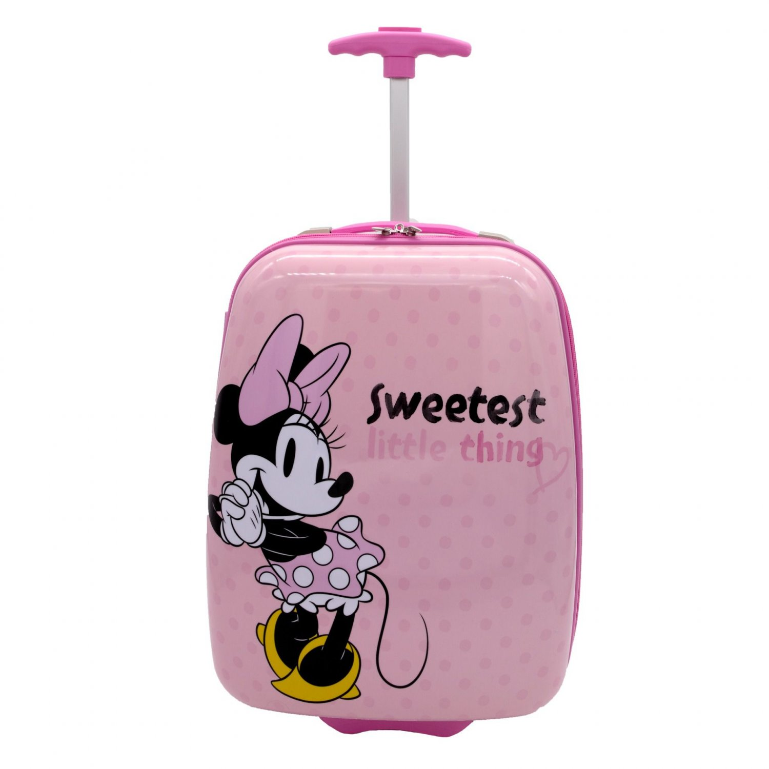 Rosa Minnie Mouse Koffer. Minnie mit Schleife und gepunktetem Kleid. Text: Sweetest little thing.