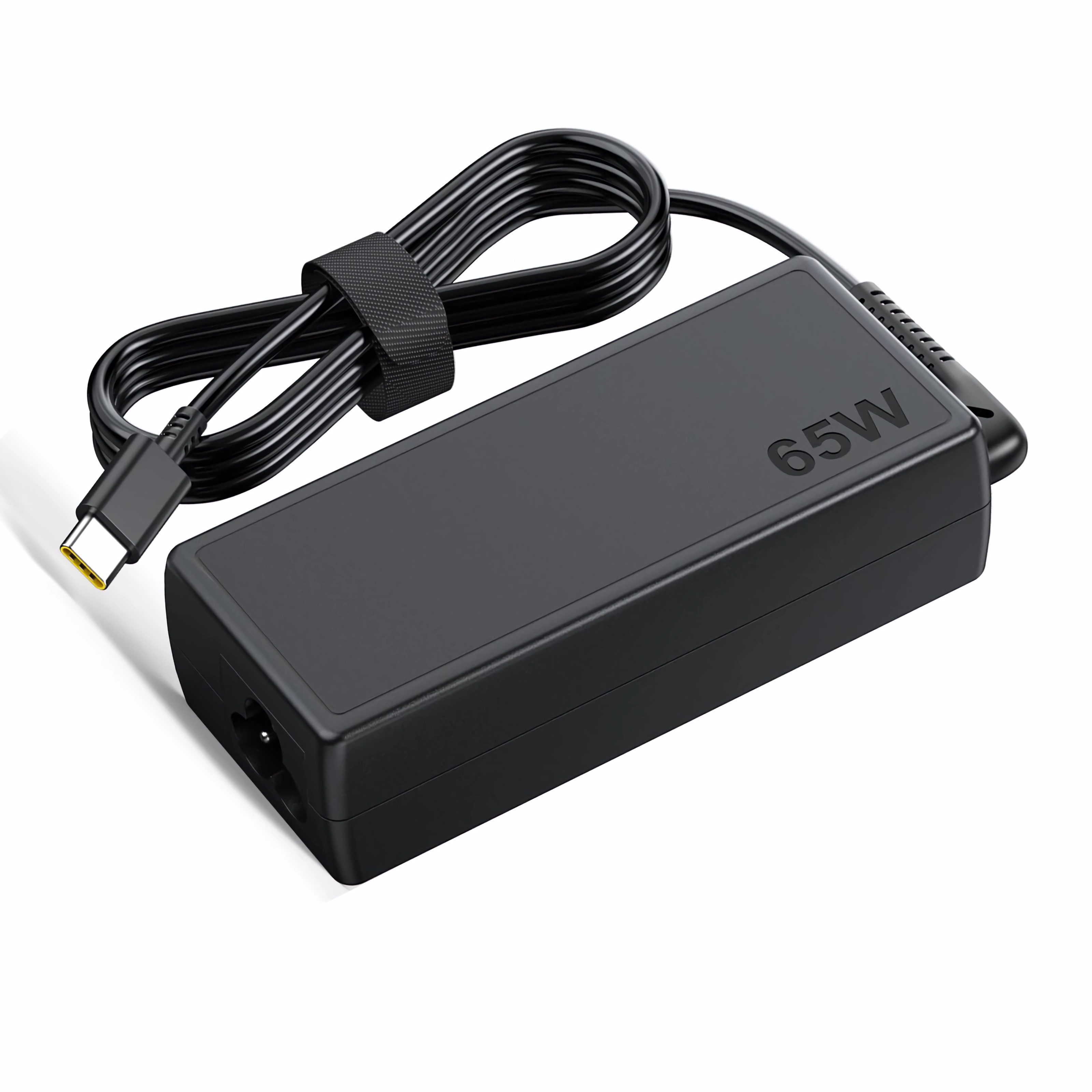 Schwarzes 65W-Laptop-Ladegerät mit schwarzem Kabel und gelbem USB-C-Anschluss.