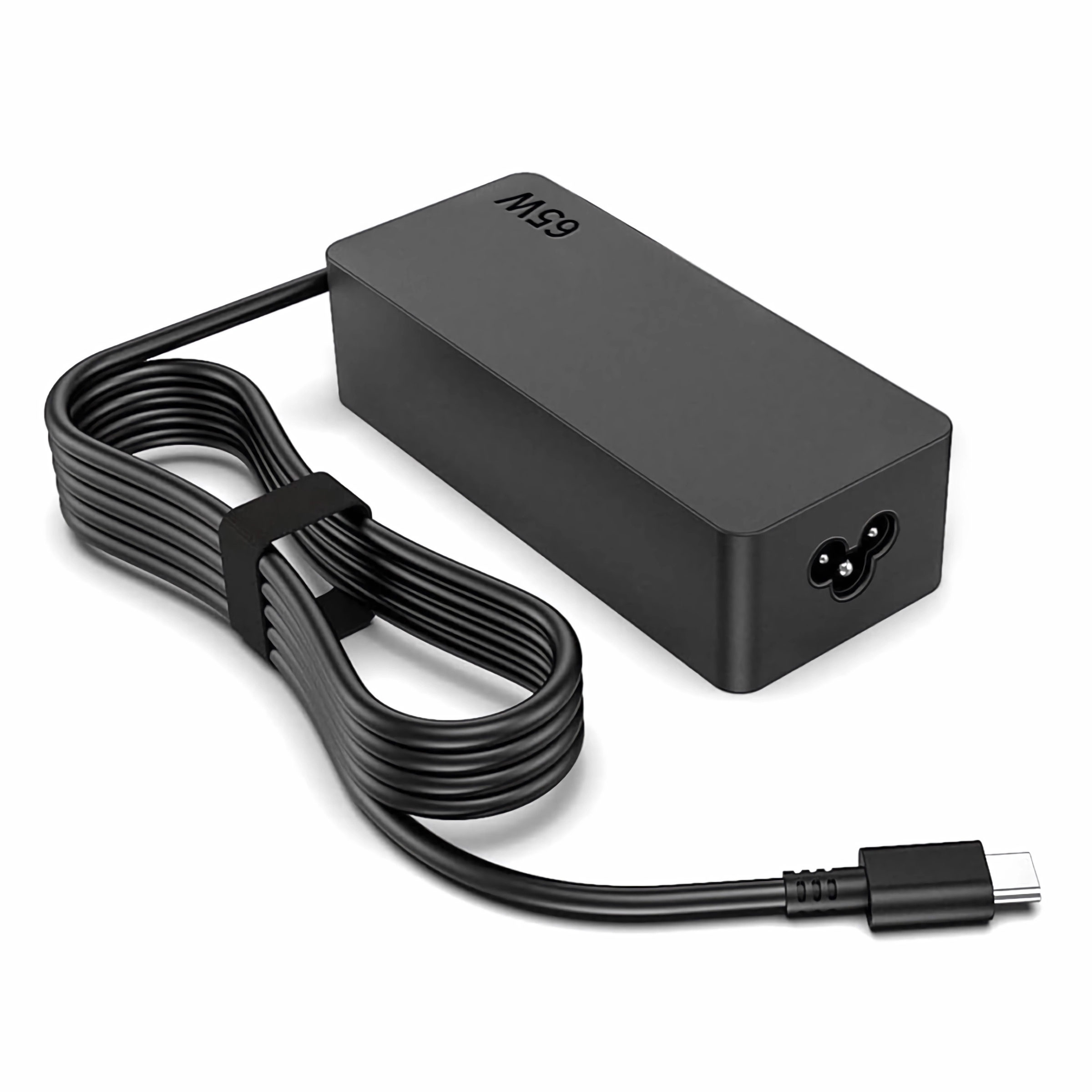 Schwarzes 65W Laptop-Ladegerät mit schwarzem Kabel und USB-C-Anschluss.