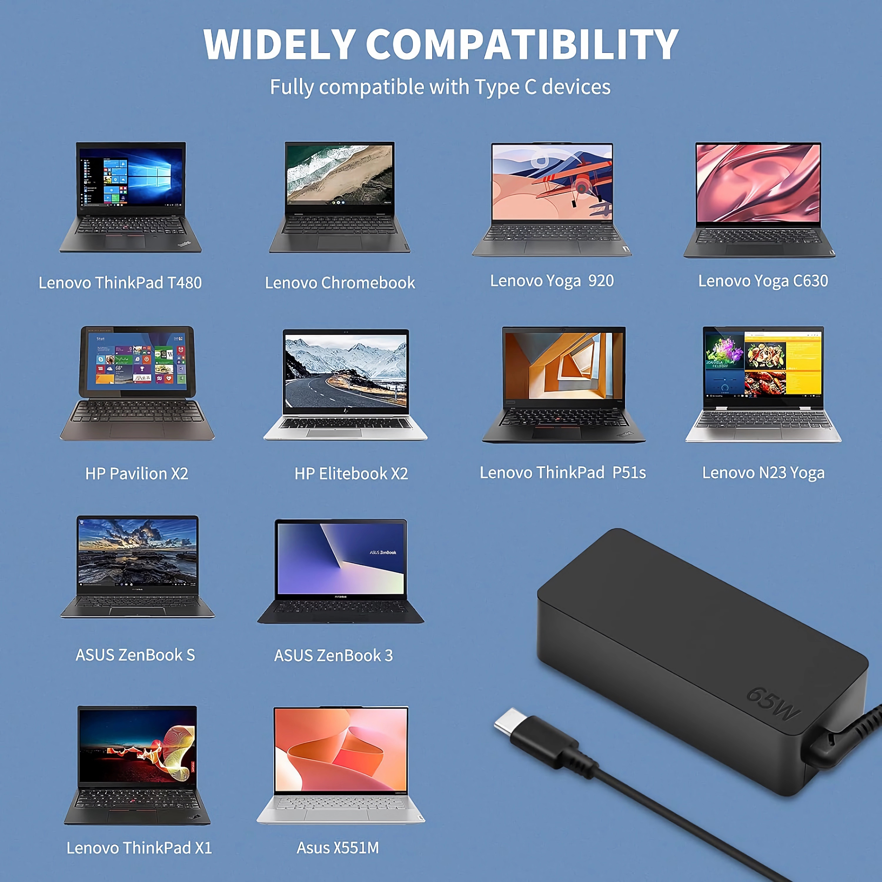 Laptops verschiedener Marken. Ladegerät rechts mit Typ-C-Stecker.