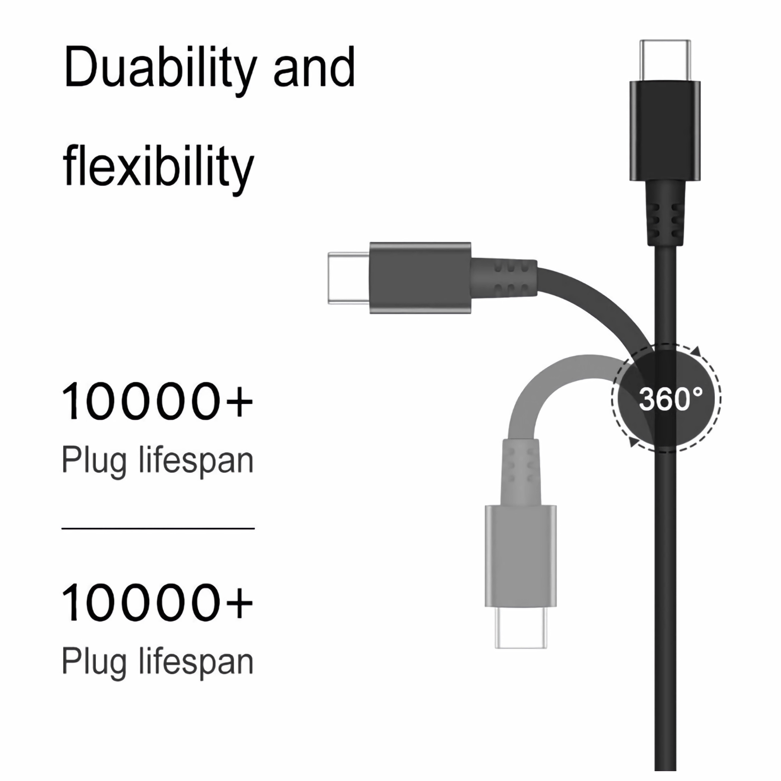 Ein schwarzes USB-C-Kabel mit mehreren USB-C-Anschlüssen, das Flexibilität und Haltbarkeit zeigt.