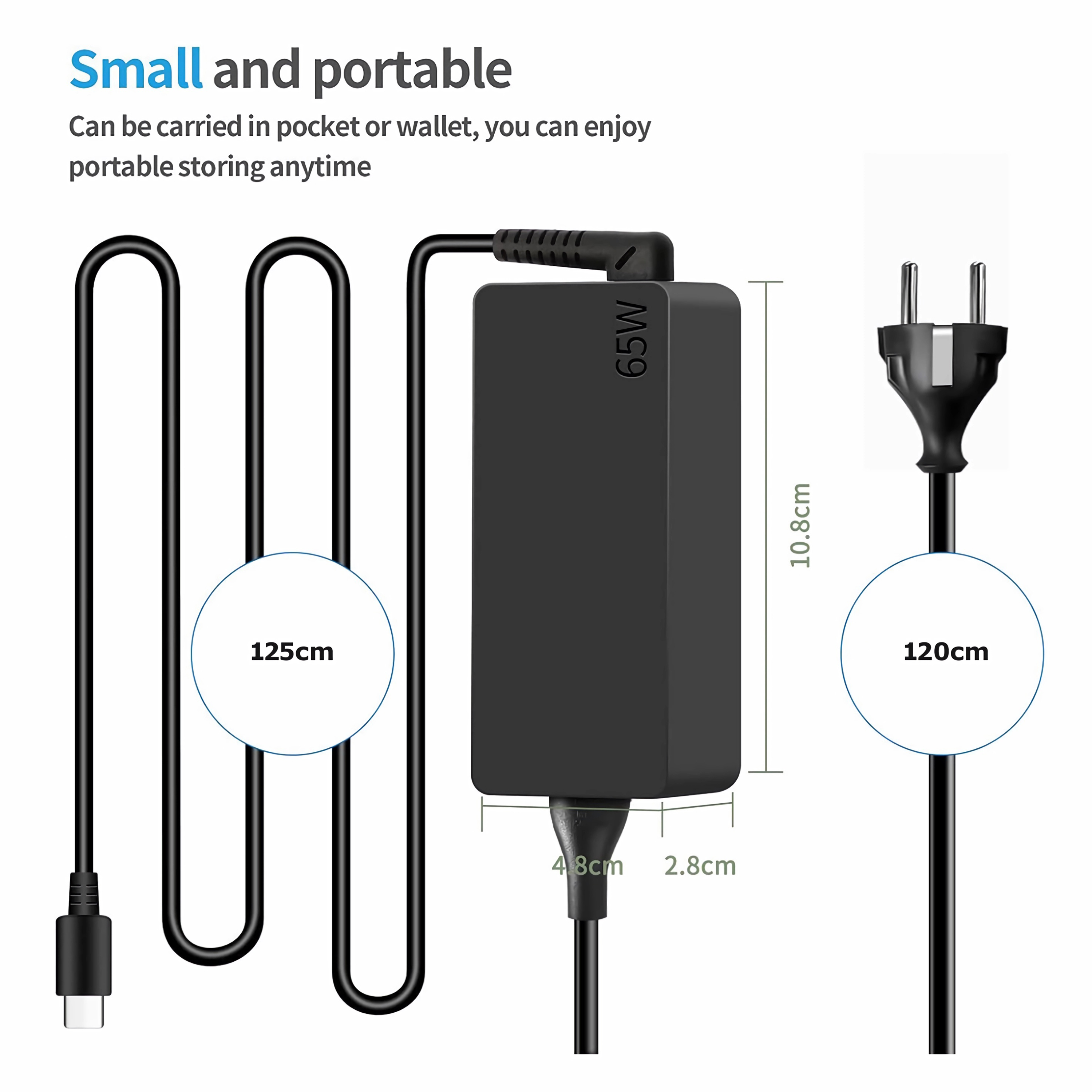 Schwarzes 65-W-Netzteil mit schwarzem Kabel und Stecker. Text lautet "65W". Weißer Hintergrund.