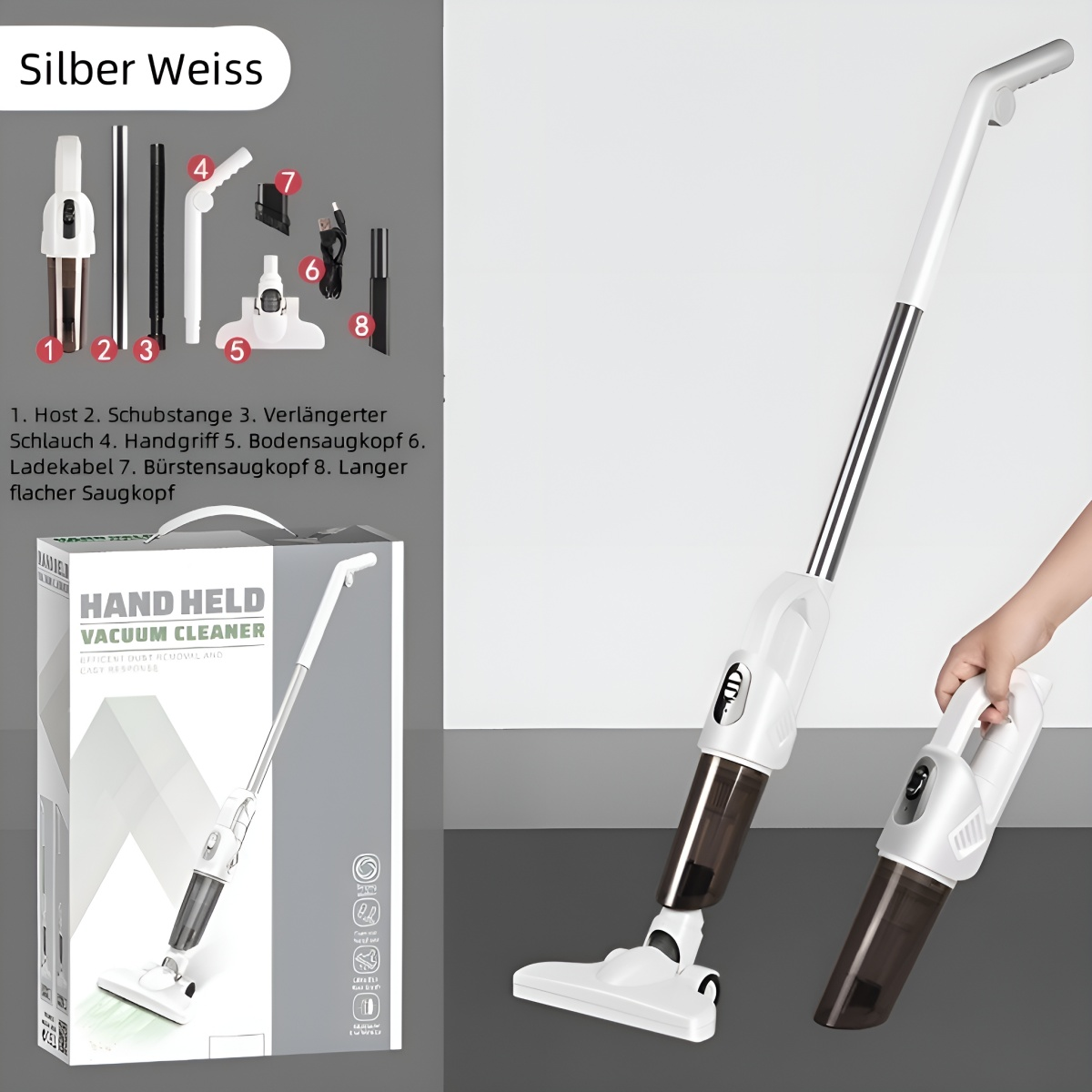 Staubsauger mit Zubehör und Verpackung. Das Produkt ist weiß und grau. Eine Hand hält es.