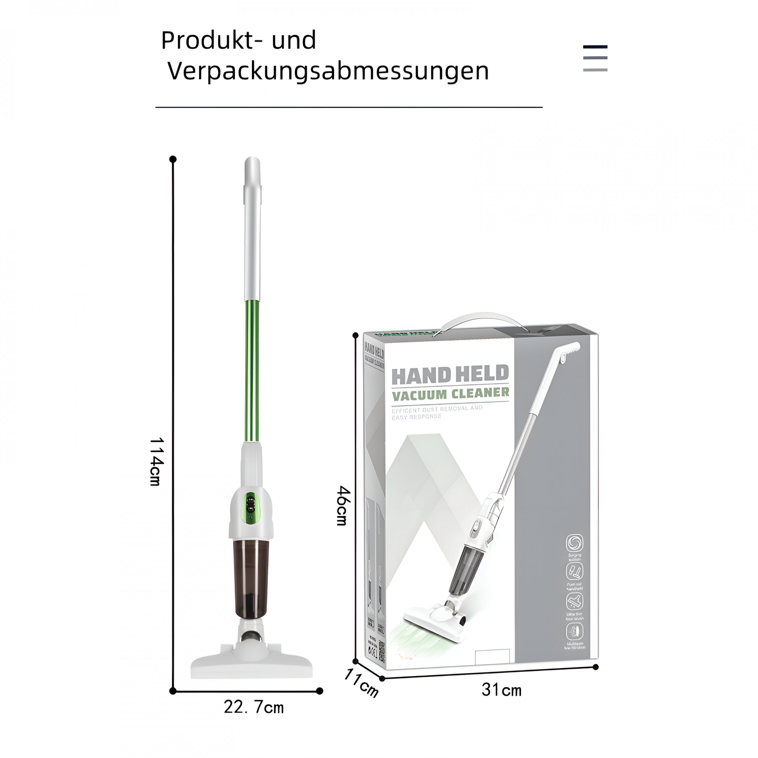 Handstaubsauger und seine Box, mit Maßangaben. Weißer Hintergrund.