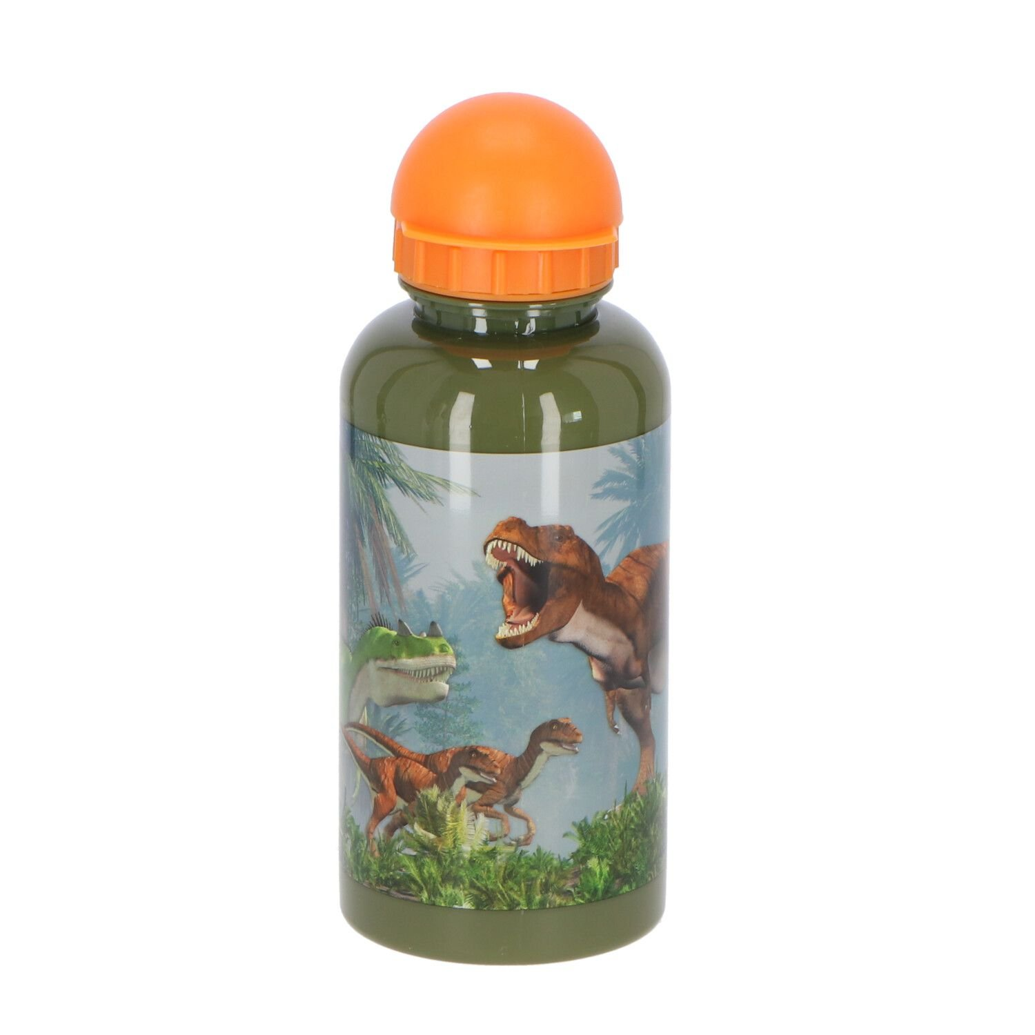 Grüne und orange Dinosaurier-Wasserflasche mit verschiedenen Dinosaurier-Illustrationen. Weißer Hintergrund.