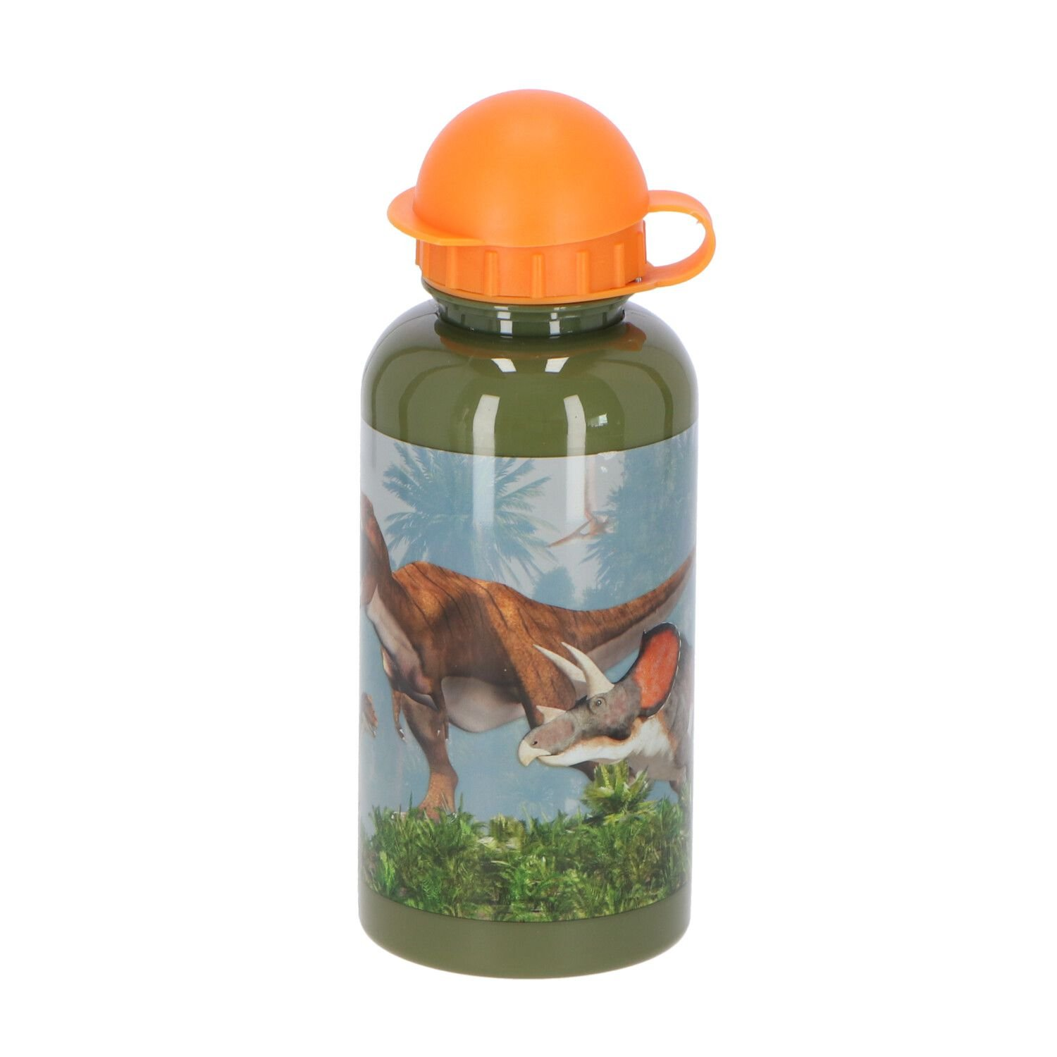 Eine grüne und orangefarbene Dinosaurier-Wasserflasche mit Dinosaurierzeichnungen. Sie befindet sich auf weißem Hintergrund.