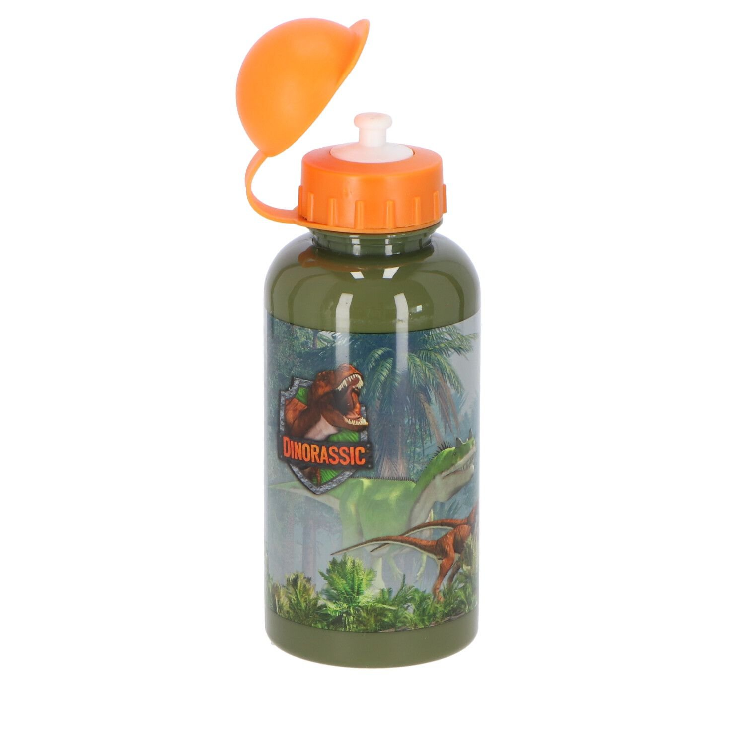 Grüne Wasserflasche mit Dinosaurier-Motiv. Oranger Deckel, Dinosaurier und Pflanzen.