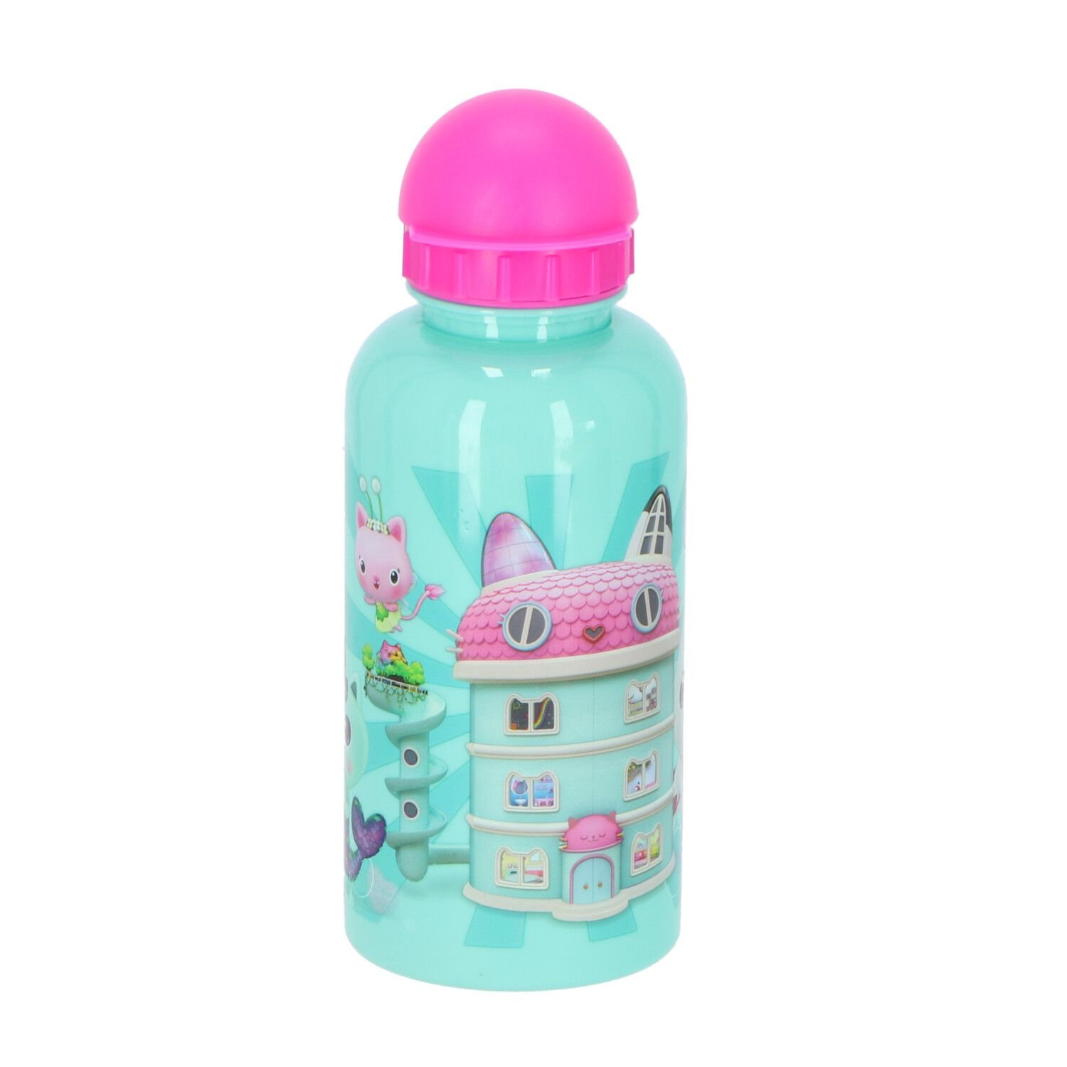 Aqua blauwe waterfles met Gabby's Dollhouse cartoonfiguren, roze deksel, witte achtergrond.