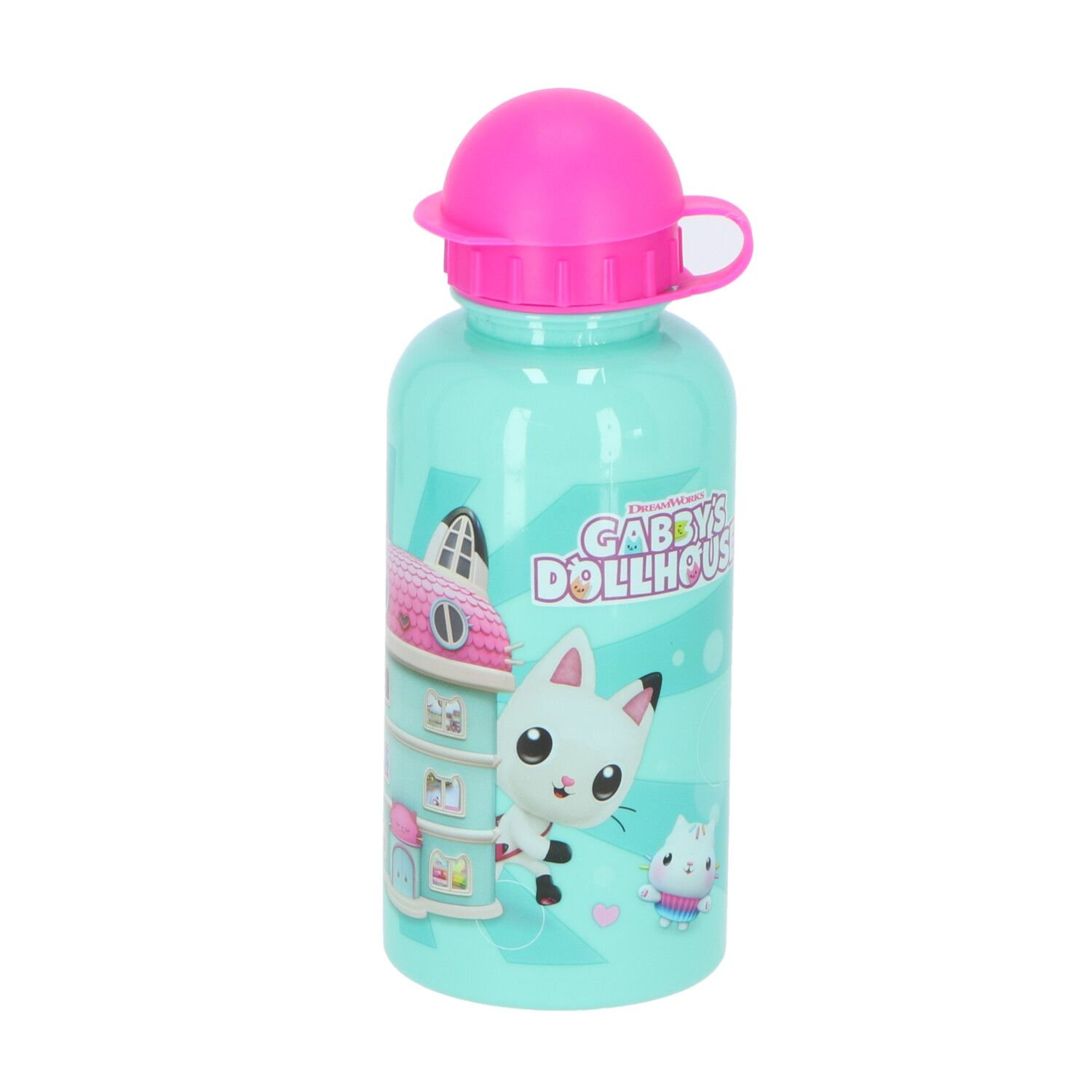 Een lichtblauwe waterfles met een roze dop. De fles heeft Gabby's Dollhouse-personages erop.