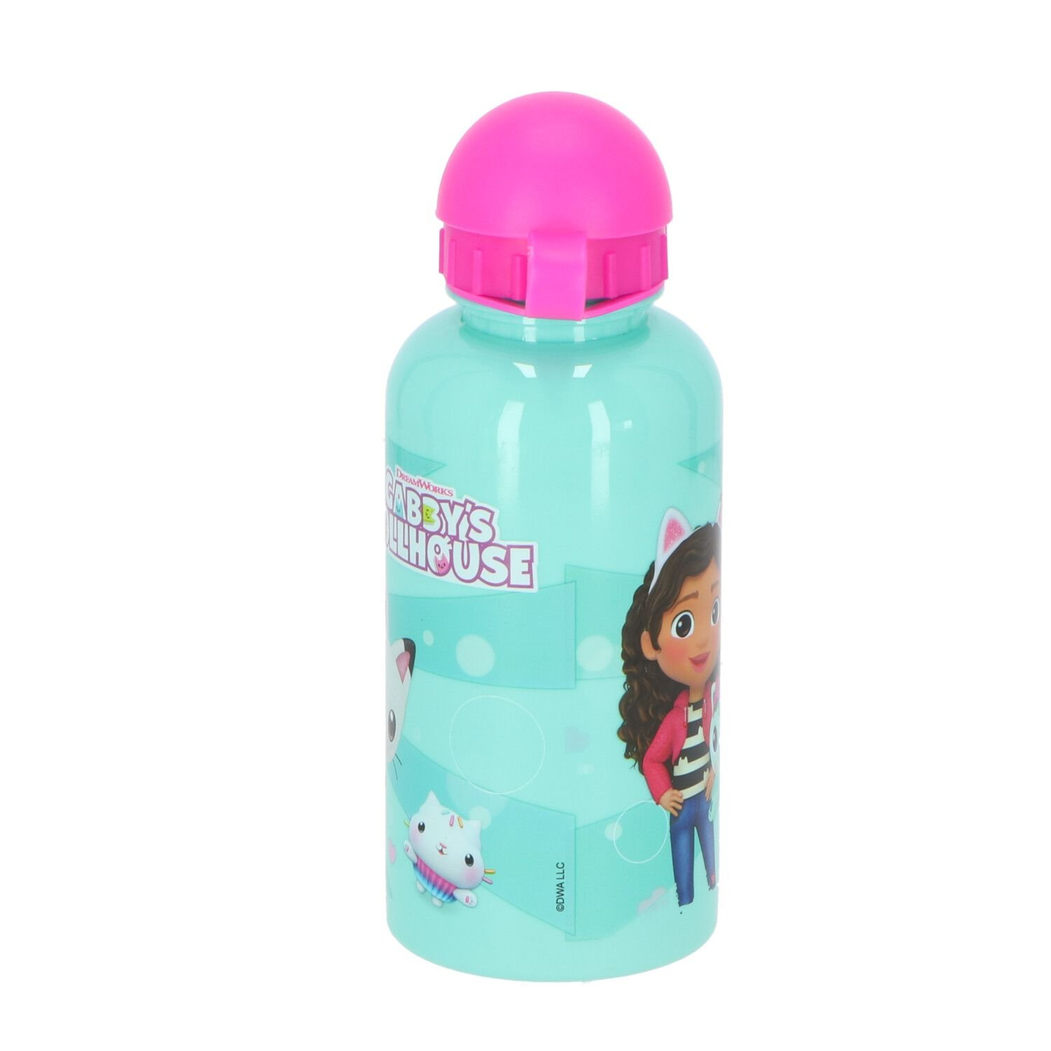 Blauwe waterfles met roze dop, Gabby's Dollhouse design, met Gabby en een katje.