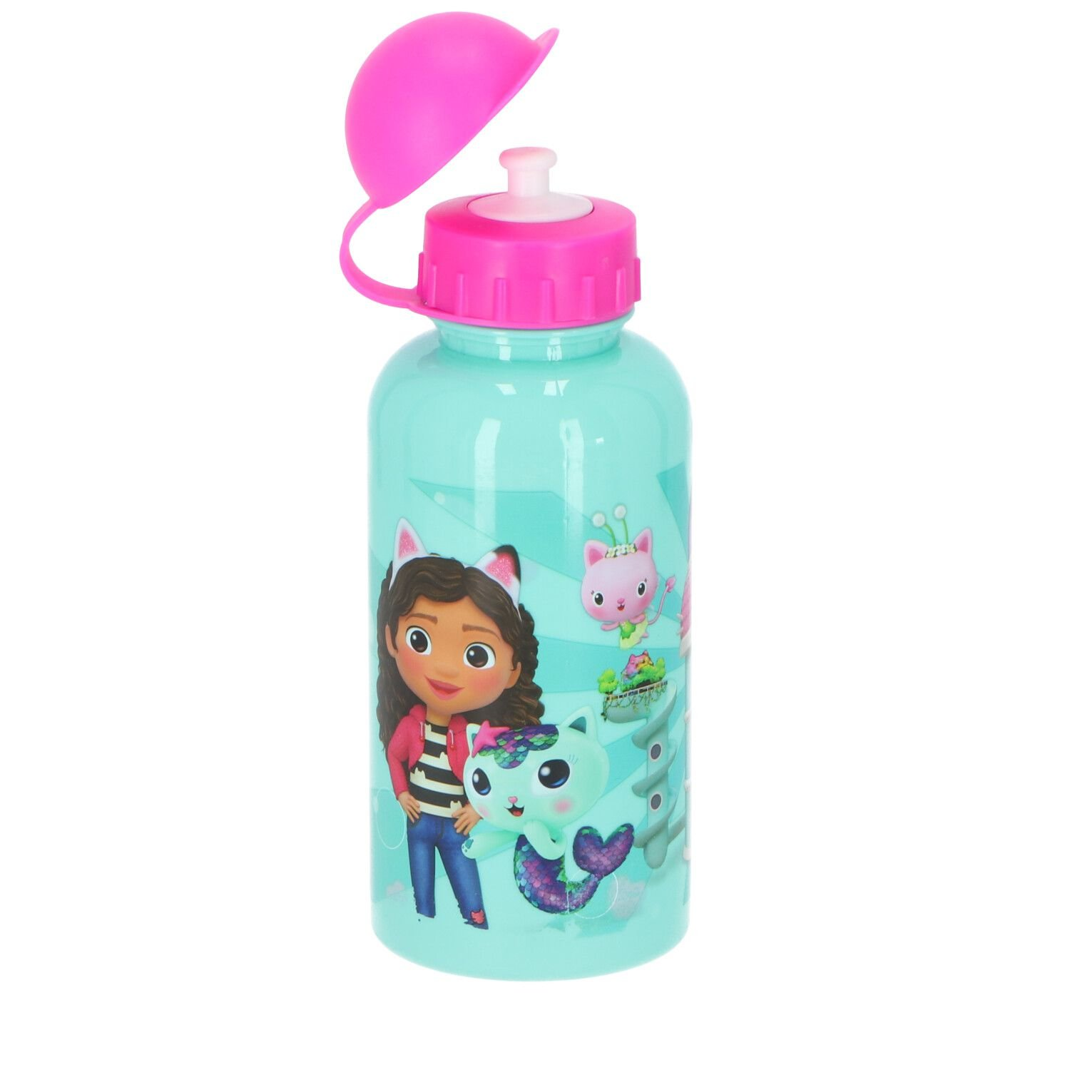 Een turquoise Gabby's Dollhouse waterfles met een roze dop en tekenfilmfiguren erop.