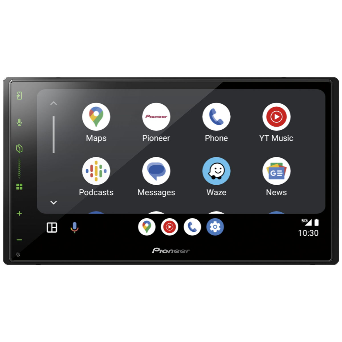 Interfaccia del sistema audio dell'auto con icone delle app: Maps, Pioneer, Phone, YT Music, Podcasts, Messages, Waze.