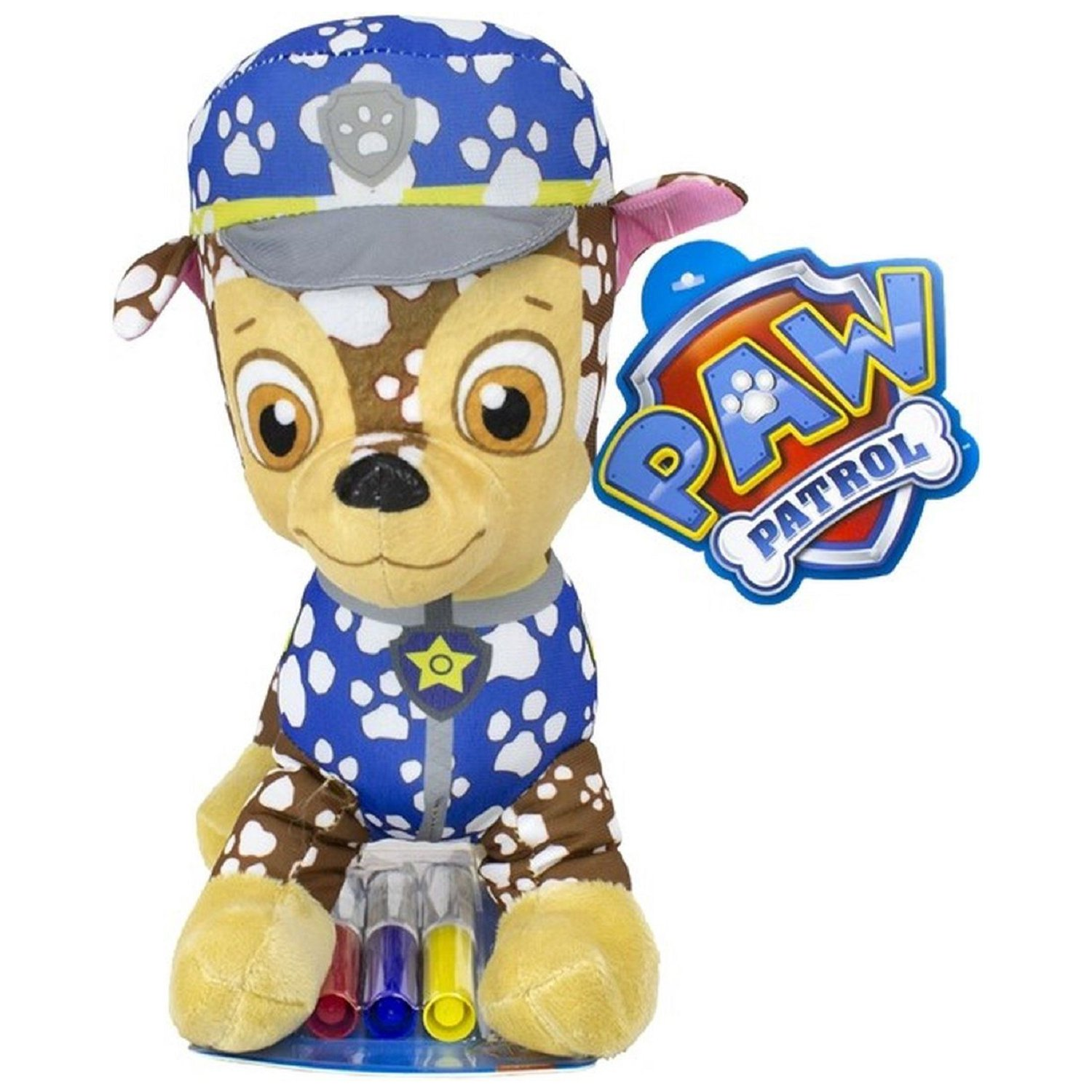 Chase Paw Patrol Plüschtier mit Abzeichen, blaue Uniform und Filzstifte.