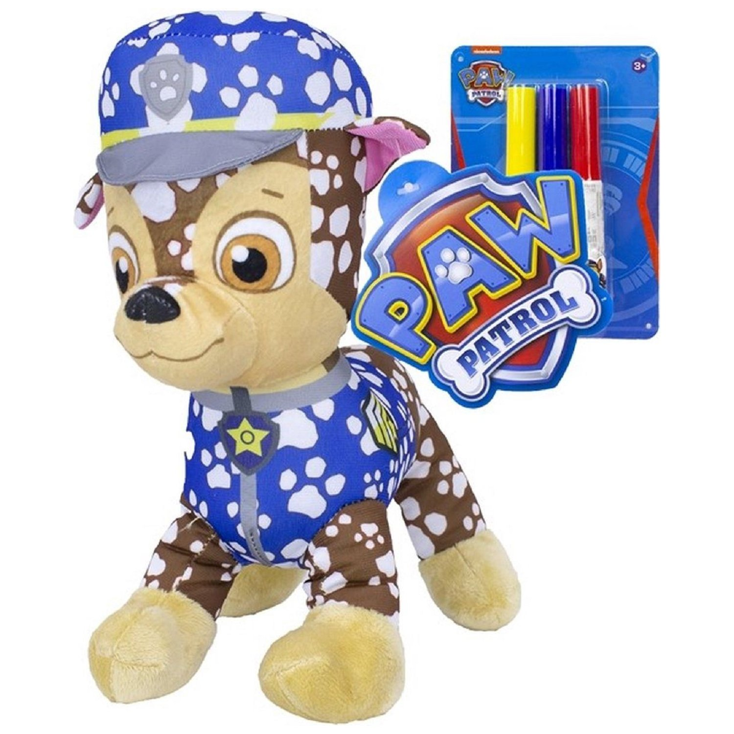 Plüsch Chase Spielzeug, Paw Patrol, mit blauem Hut und Uniform. Inklusive Marker und Paw Patrol Logo.