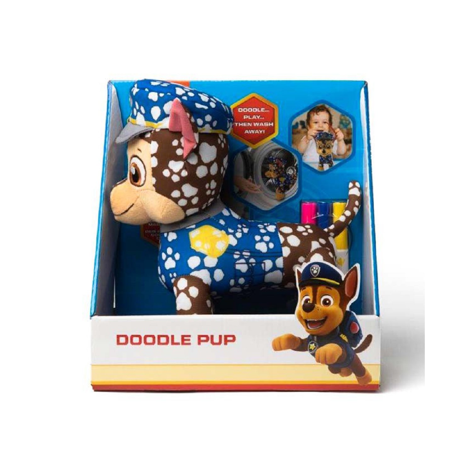 Doodle Pup Spielzeug in einer Box. Ein Zeichentrickhund in Polizeiuniform.