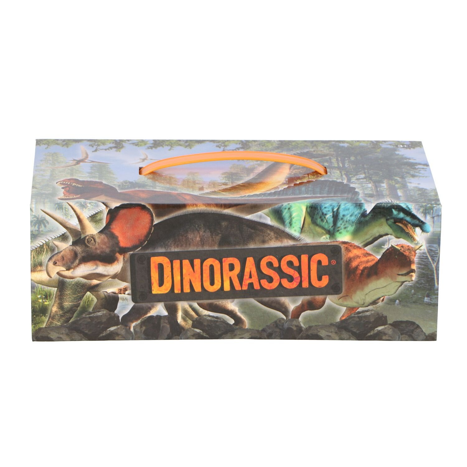 Eine Dinosaurier-Box mit Griff. Dinosaurier sind darauf gedruckt. Hintergrund: Bäume und Himmel.