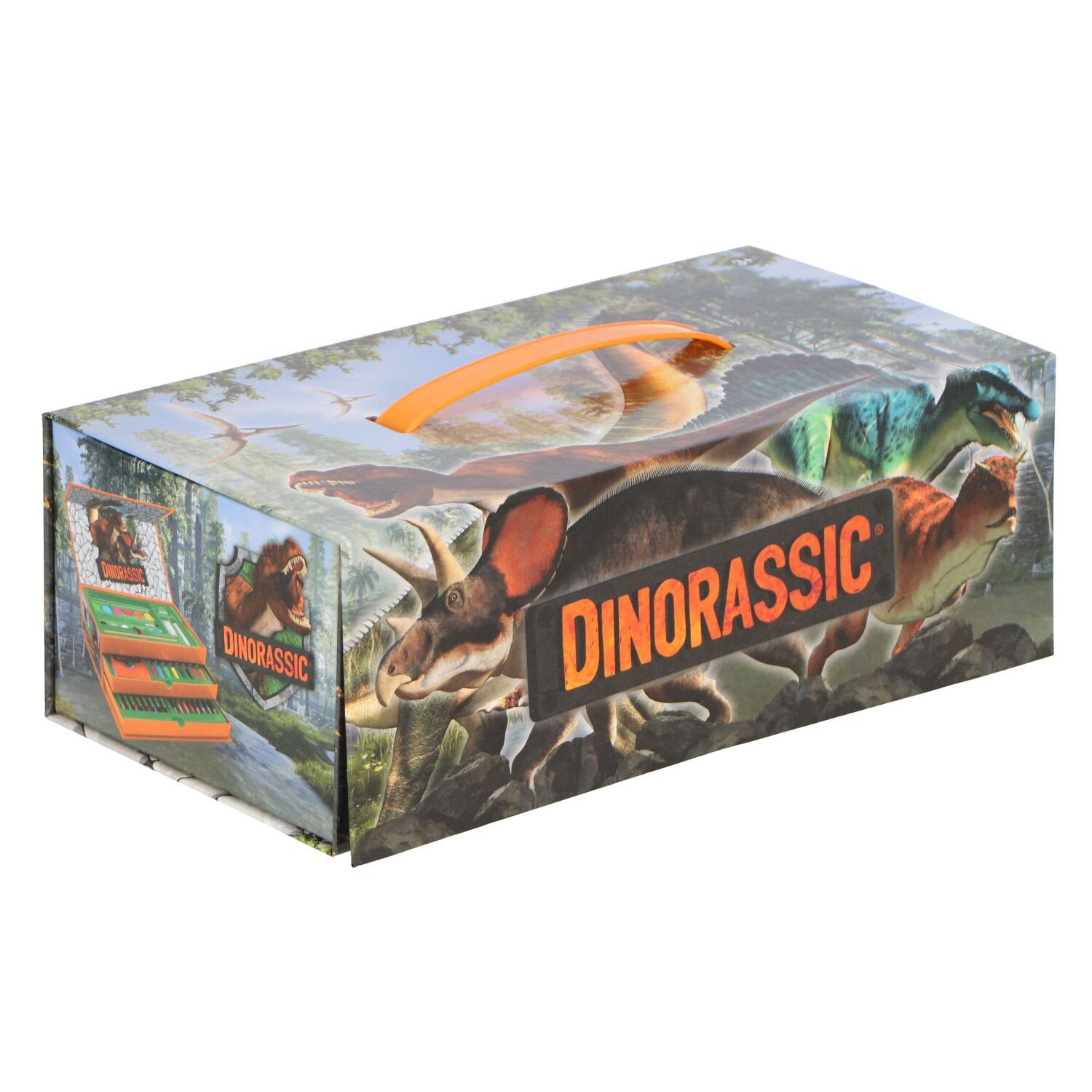 Box mit Dinosauriern, Griff. Dinorassic auf der Box. Dinosaurier-Bilder. Oranger Griff.