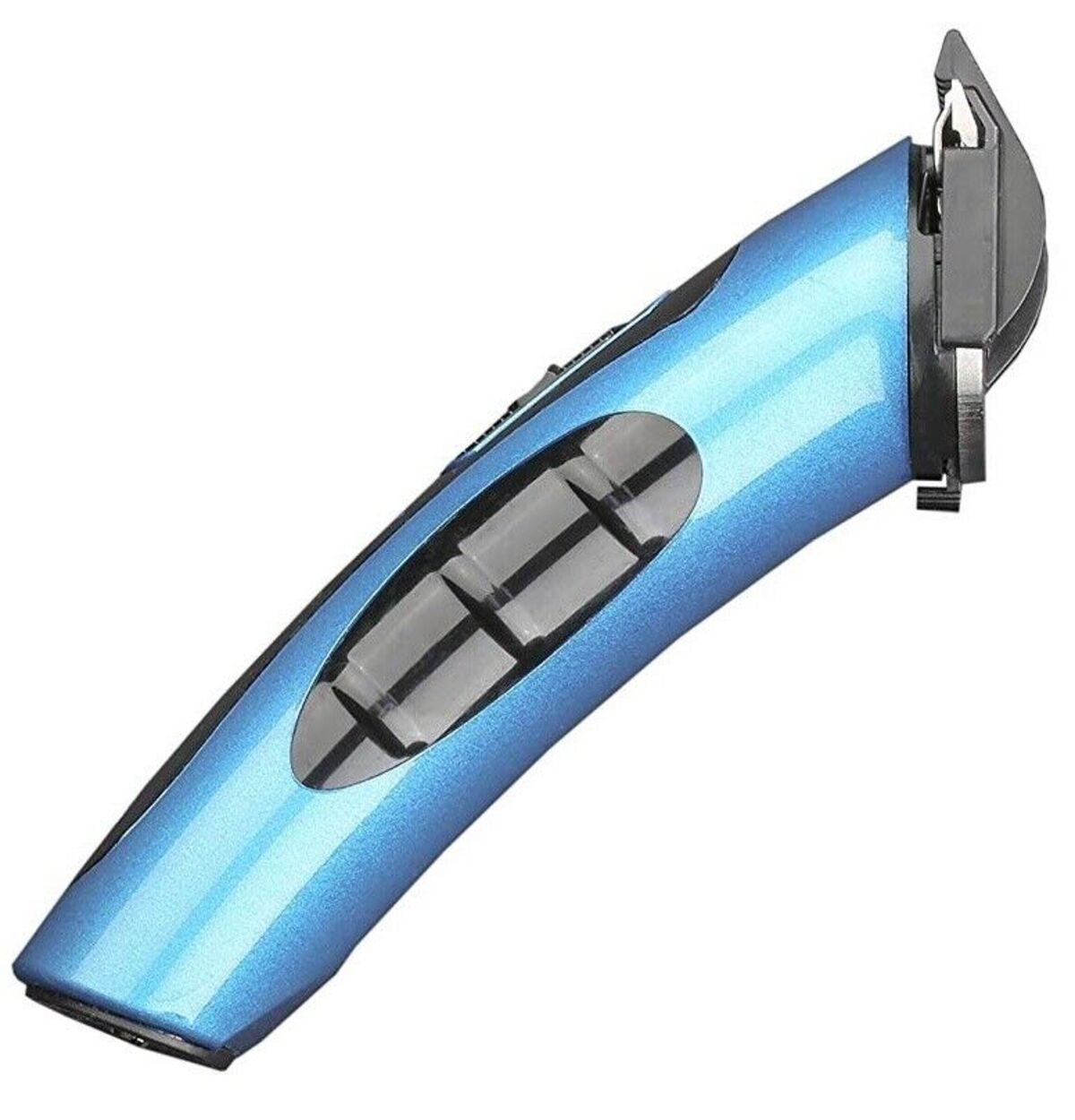 Blaue elektrische Haarschneidemaschine, mit schwarzem Oberteil und geschwungenem Design.