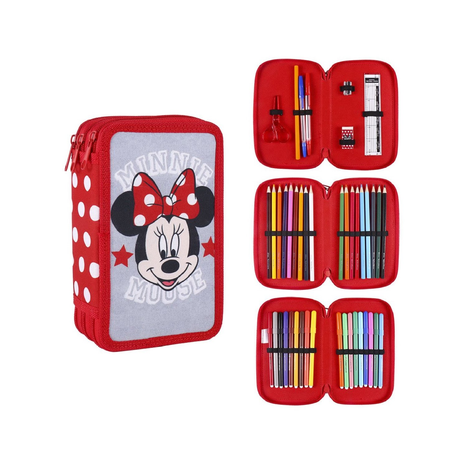 Rotes Minnie Mouse Federmäppchen mit Stiften, Stiften und Zubehör, vor weißem Hintergrund.