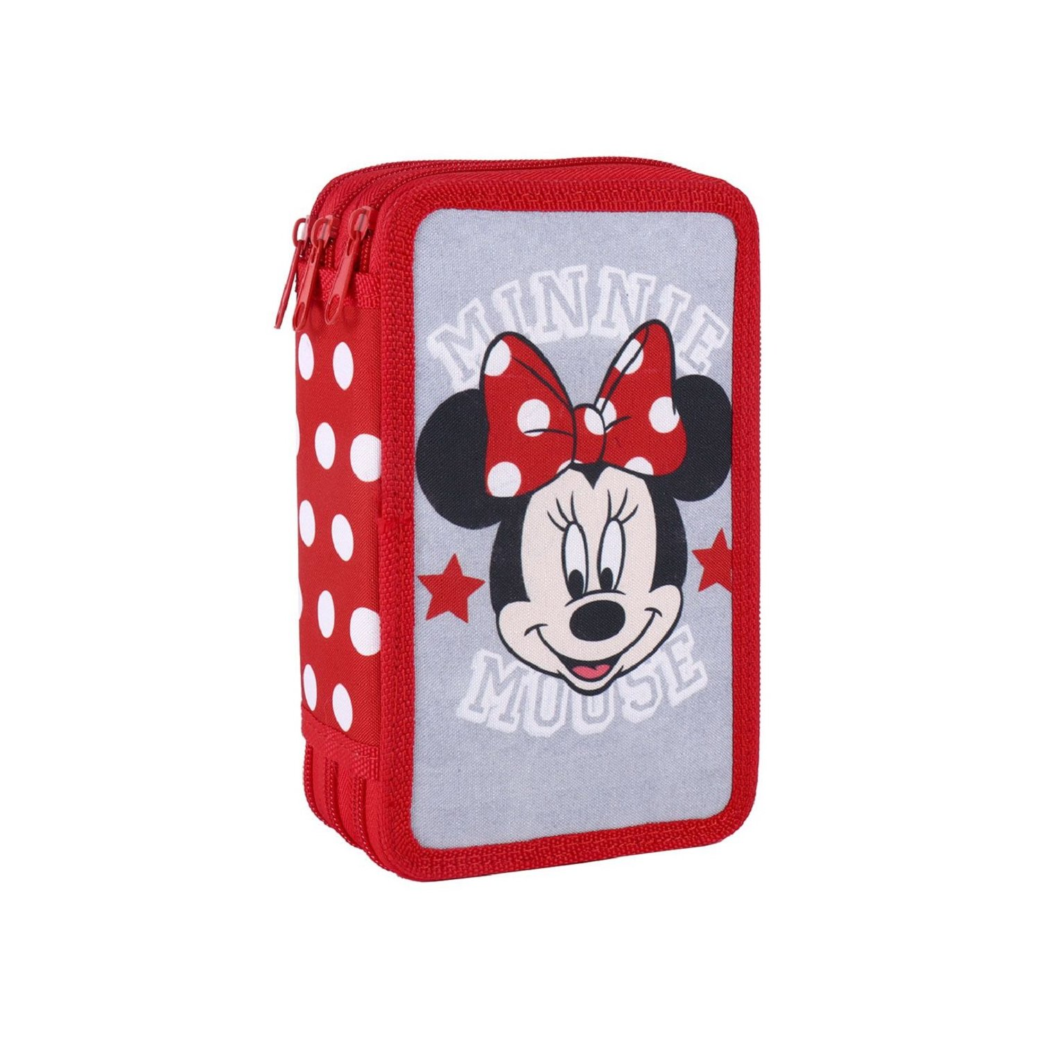 Rotes Minnie-Maus-Federmäppchen. Minnies Gesicht und Tupfen sind sichtbar.