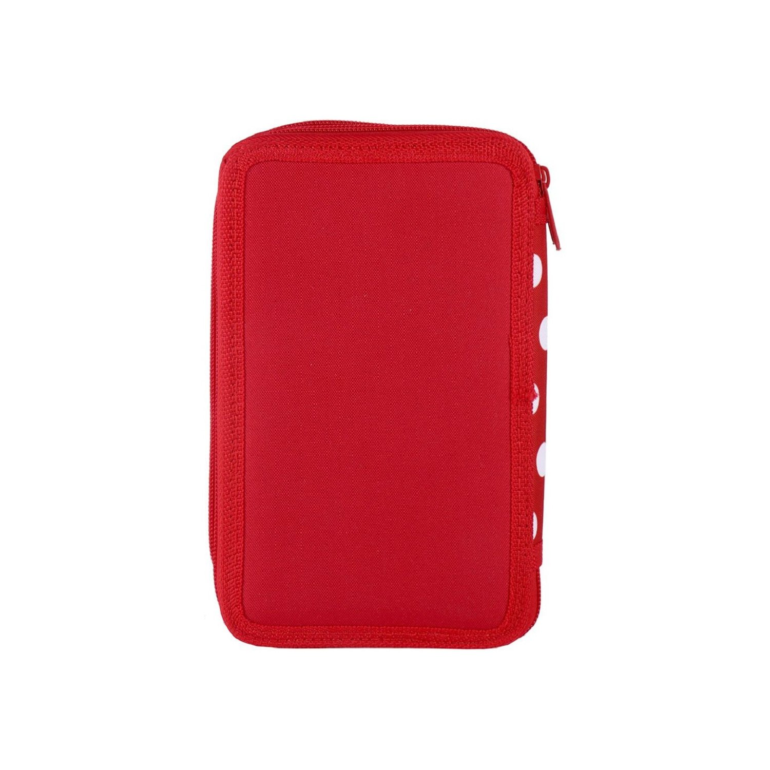 Ein rotes Federmäppchen mit Reißverschluss und weißen Punkten an der Seite. Das Etui ist rechteckig.