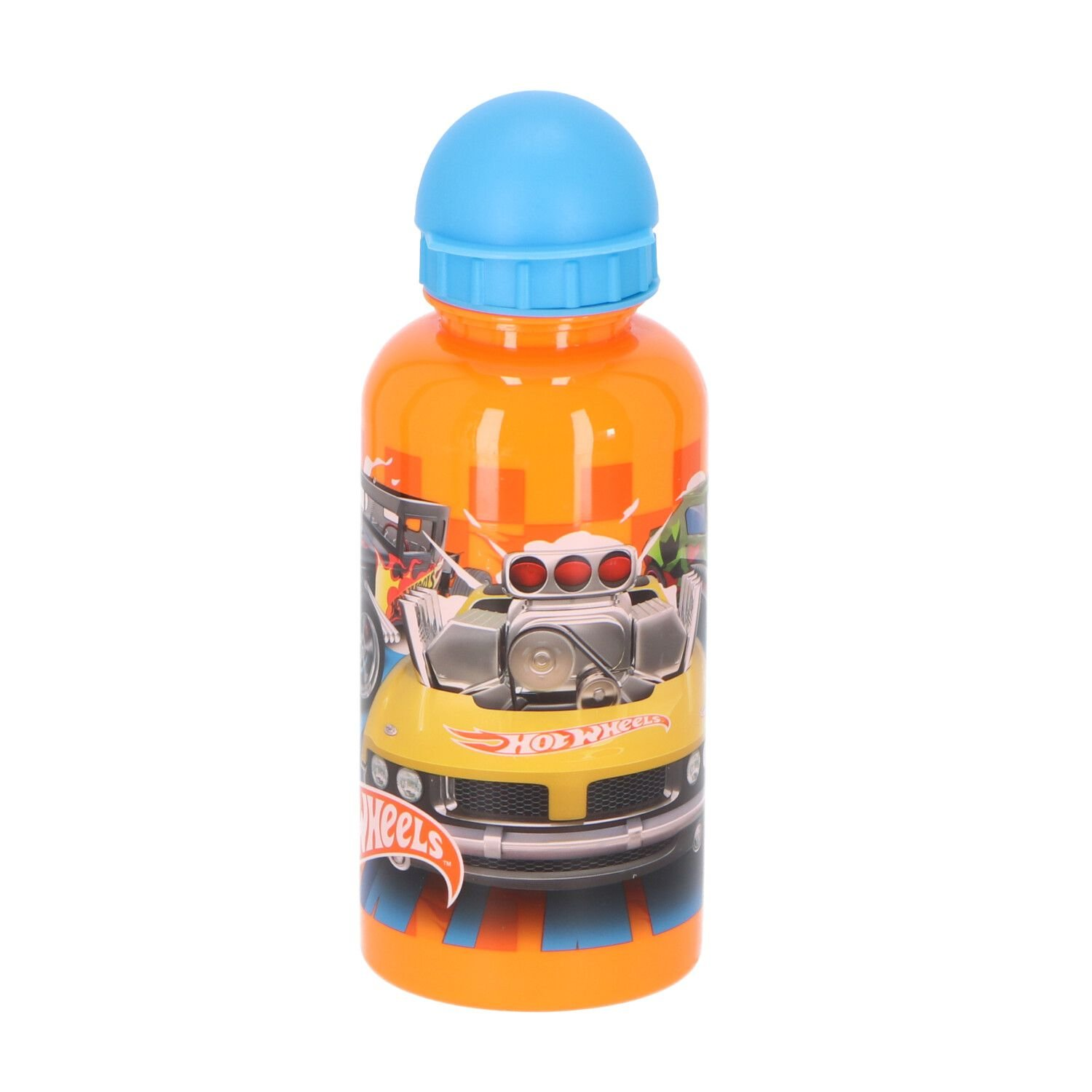 Eine orangefarbene Wasserflasche mit einem Cartoon-Auto-Design. Die Flasche hat einen blauen Deckel und das Wort HOT WHEELS.