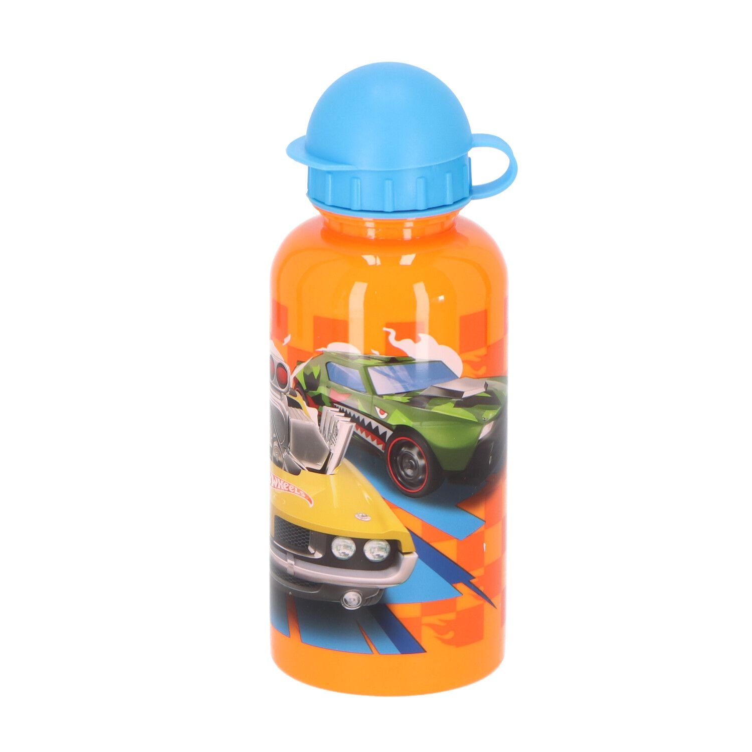 Orangefarbene Wasserflasche mit Hot Wheels-Grafiken und blauem Deckel, weißer Hintergrund.