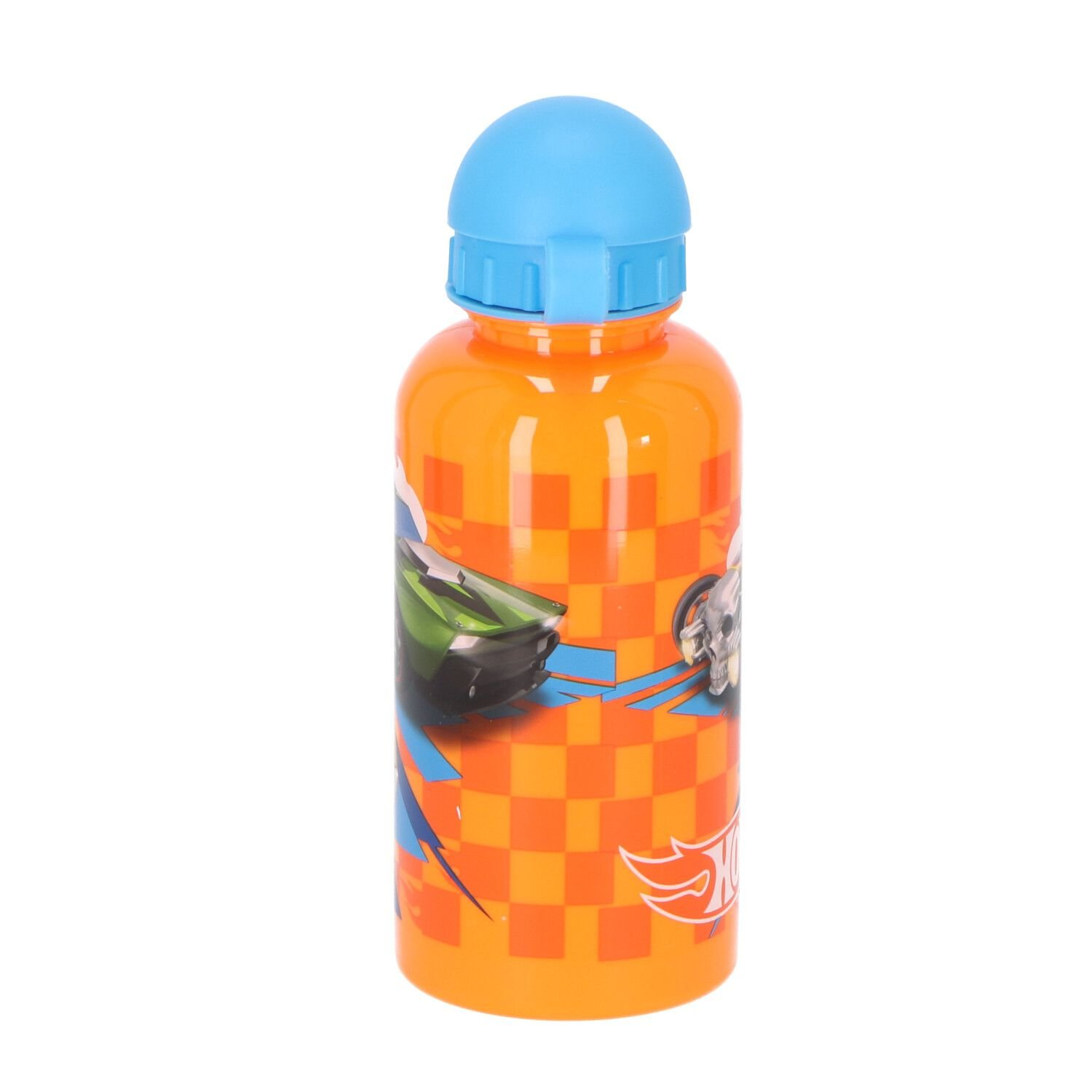 Orangefarbene Wasserflasche mit blauem Deckel, mit Rennwagen-Design.