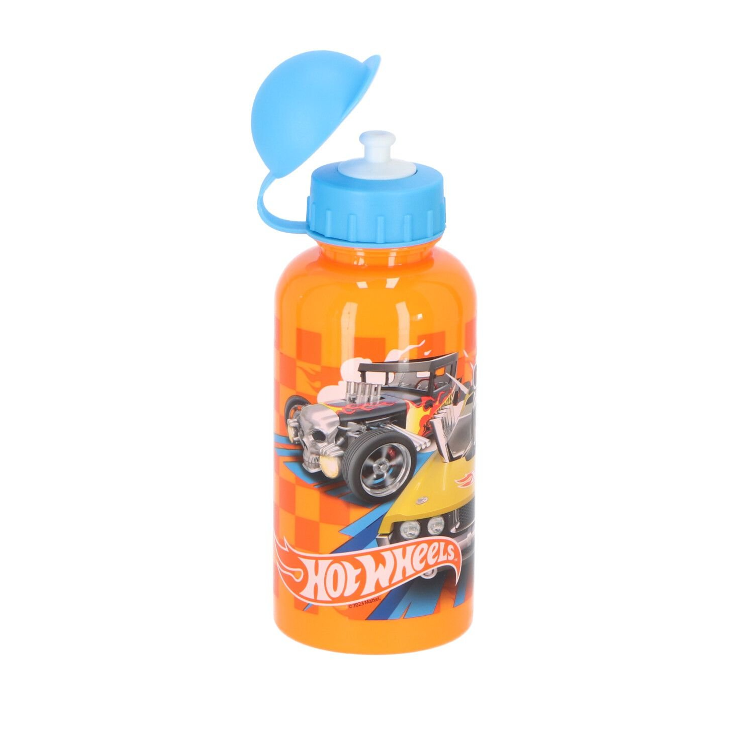 Orangefarbene Hot Wheels Wasserflasche mit Autodesign, blauem Deckel, weißem Hintergrund.