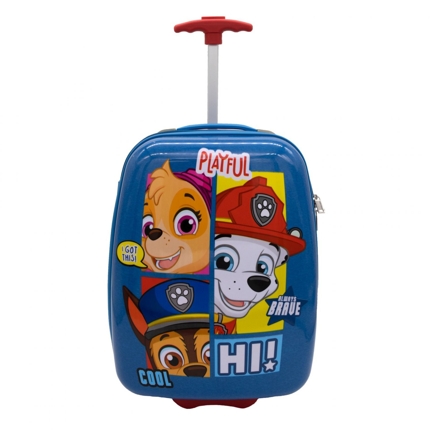 Blauer Paw Patrol Koffer, mit Figuren und HI!-Text.