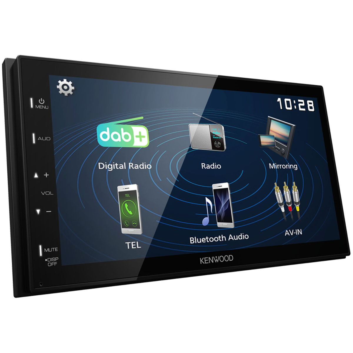 Uno schermo autoradio che mostra varie funzioni, tra cui radio, bluetooth e opzioni di mirroring. Cornice nera.